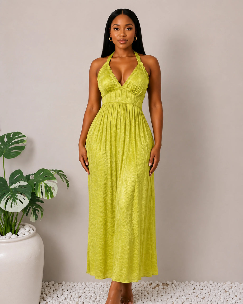 Zara Lime Green Satin Open-Back Halter Midi Dress
