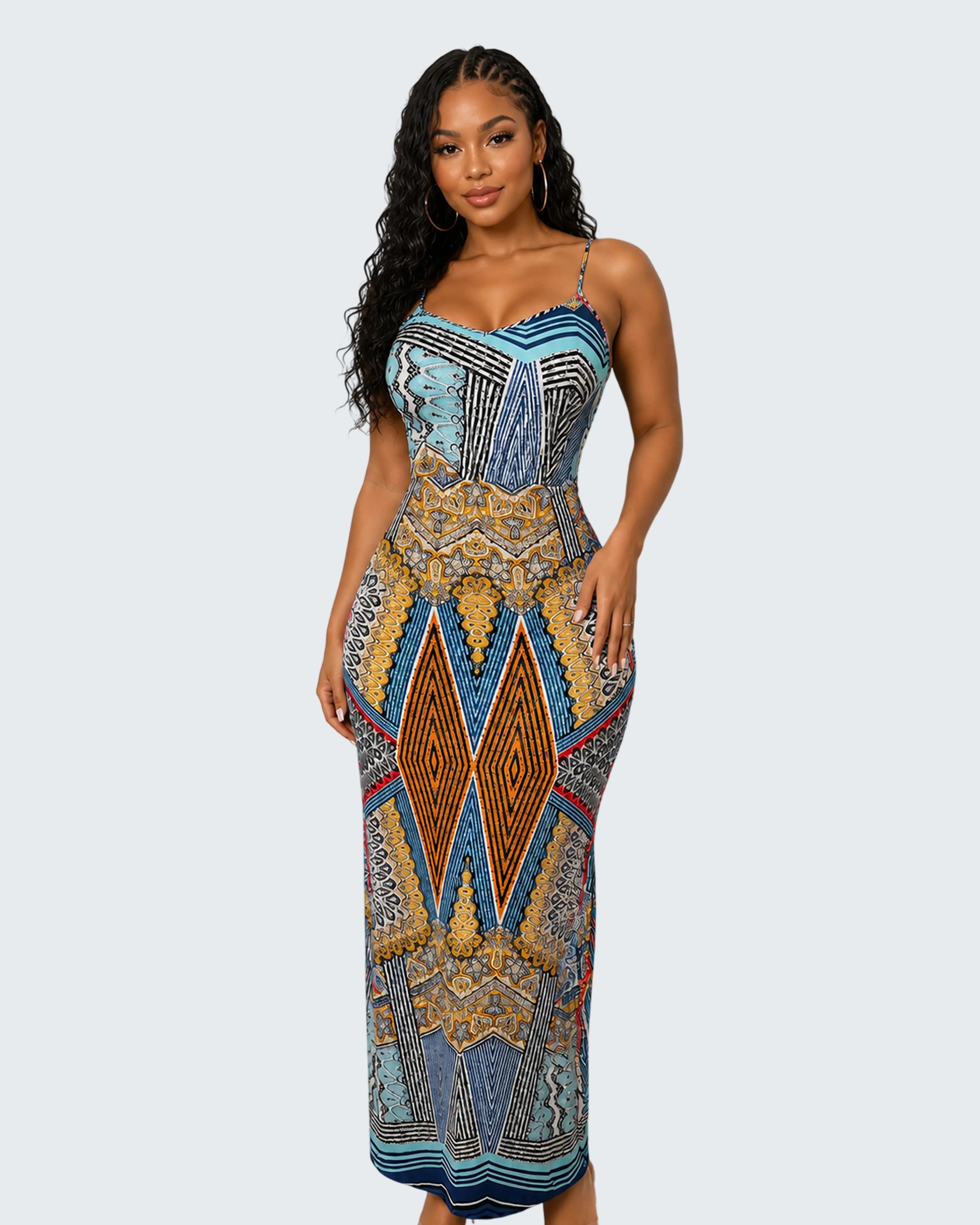 Poetry Mosaic Print Open-Back Maxi Dress