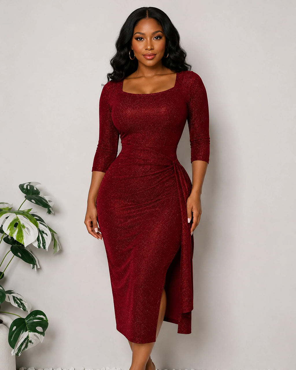 Red Glitter Ruched Bodycon Midi Dress