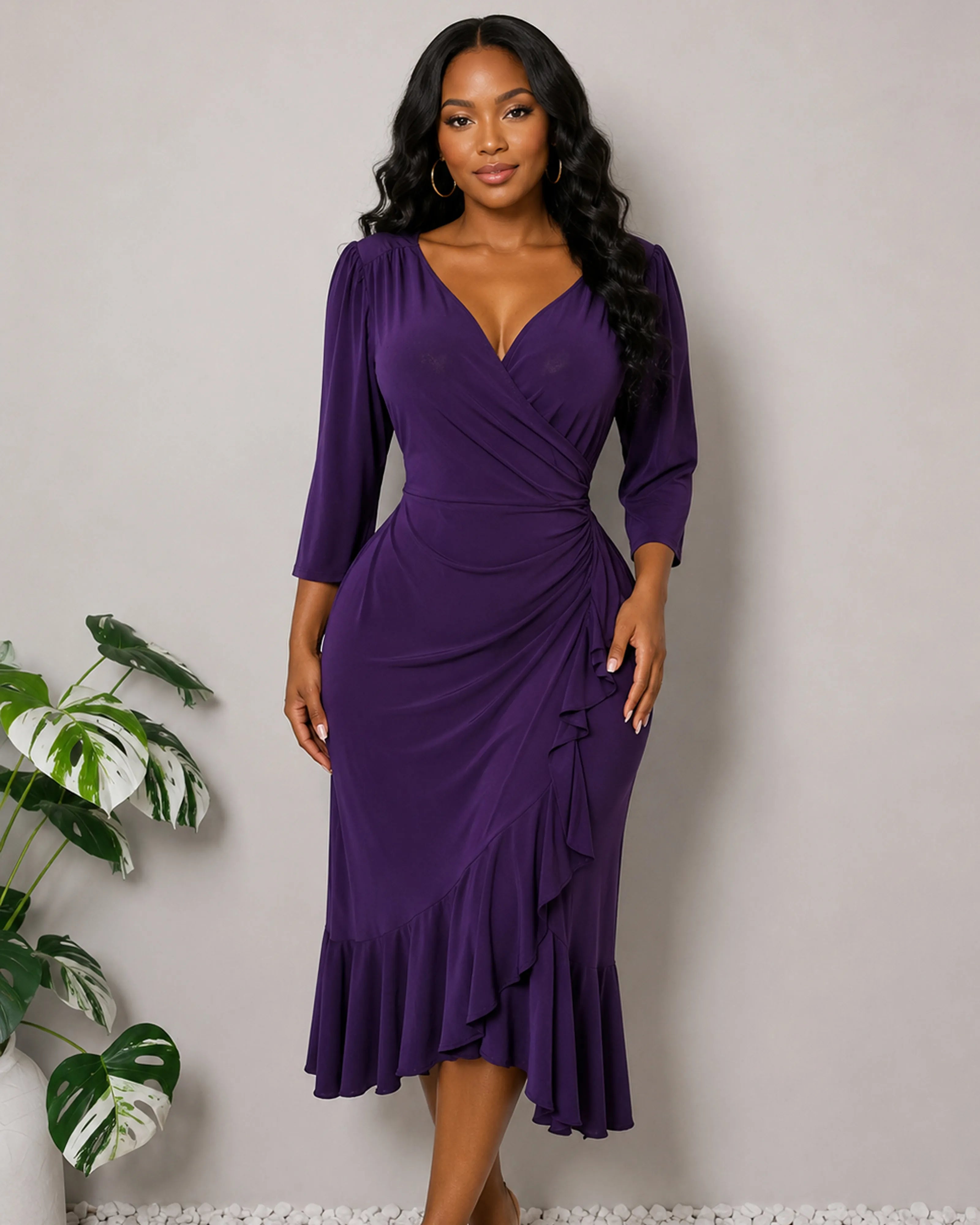 Kiyonna Purple Wrap Ruffle Midi Dress