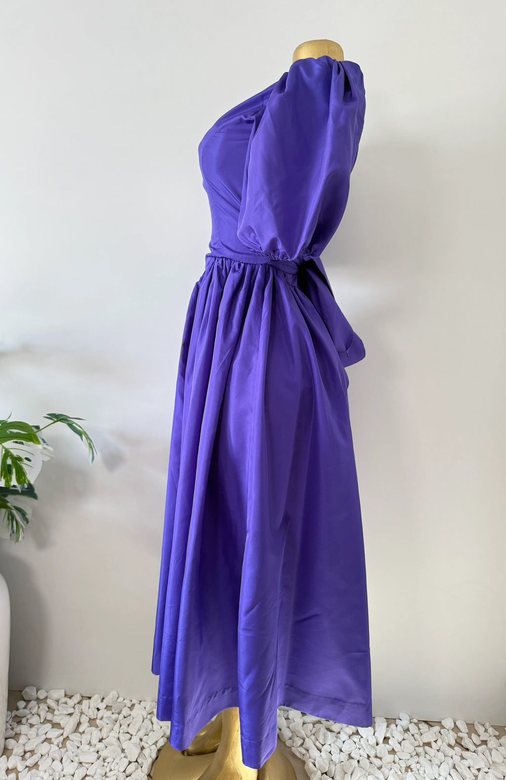 Purple Puff Sleeve Midi Dress with Bow Back