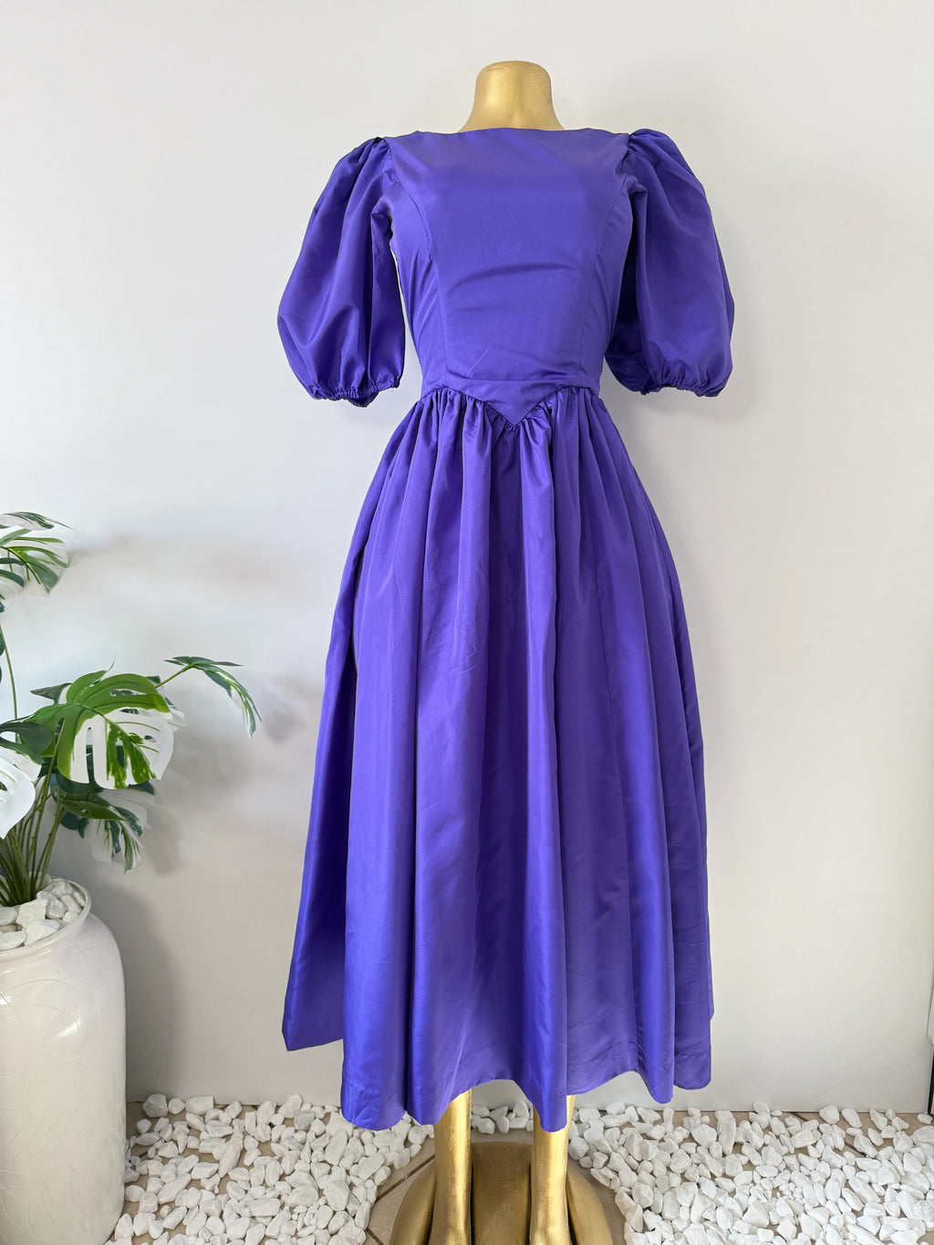 Purple Puff Sleeve Midi Dress with Bow Back