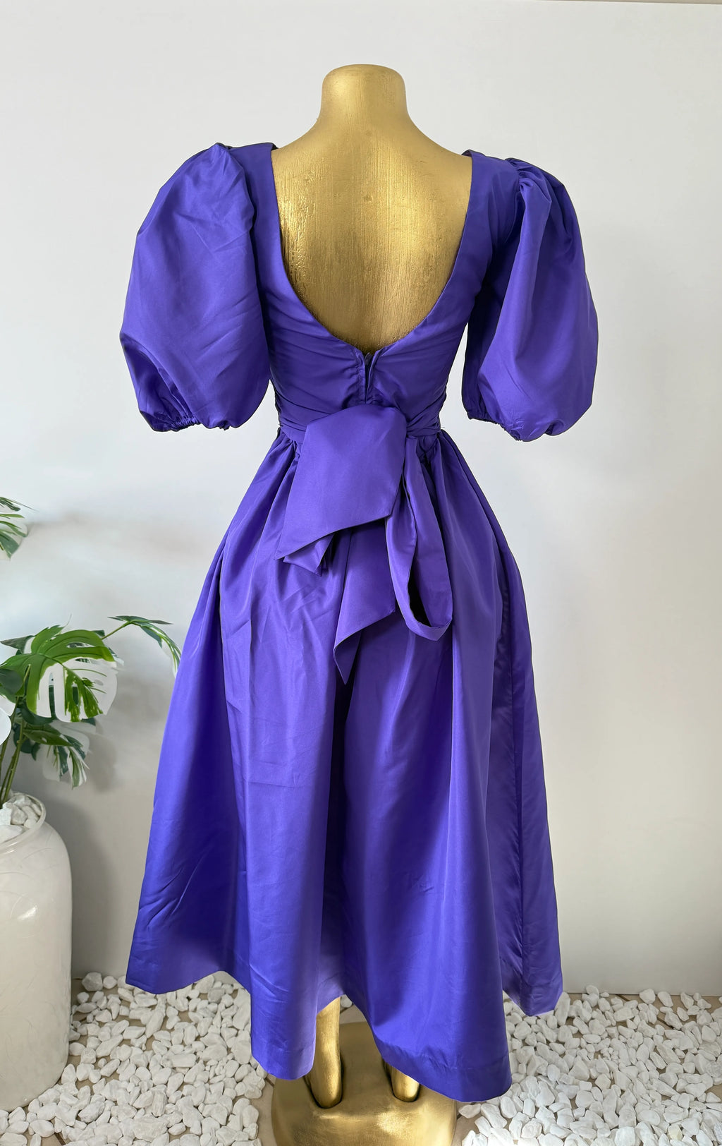 Purple Puff Sleeve Midi Dress with Bow Back