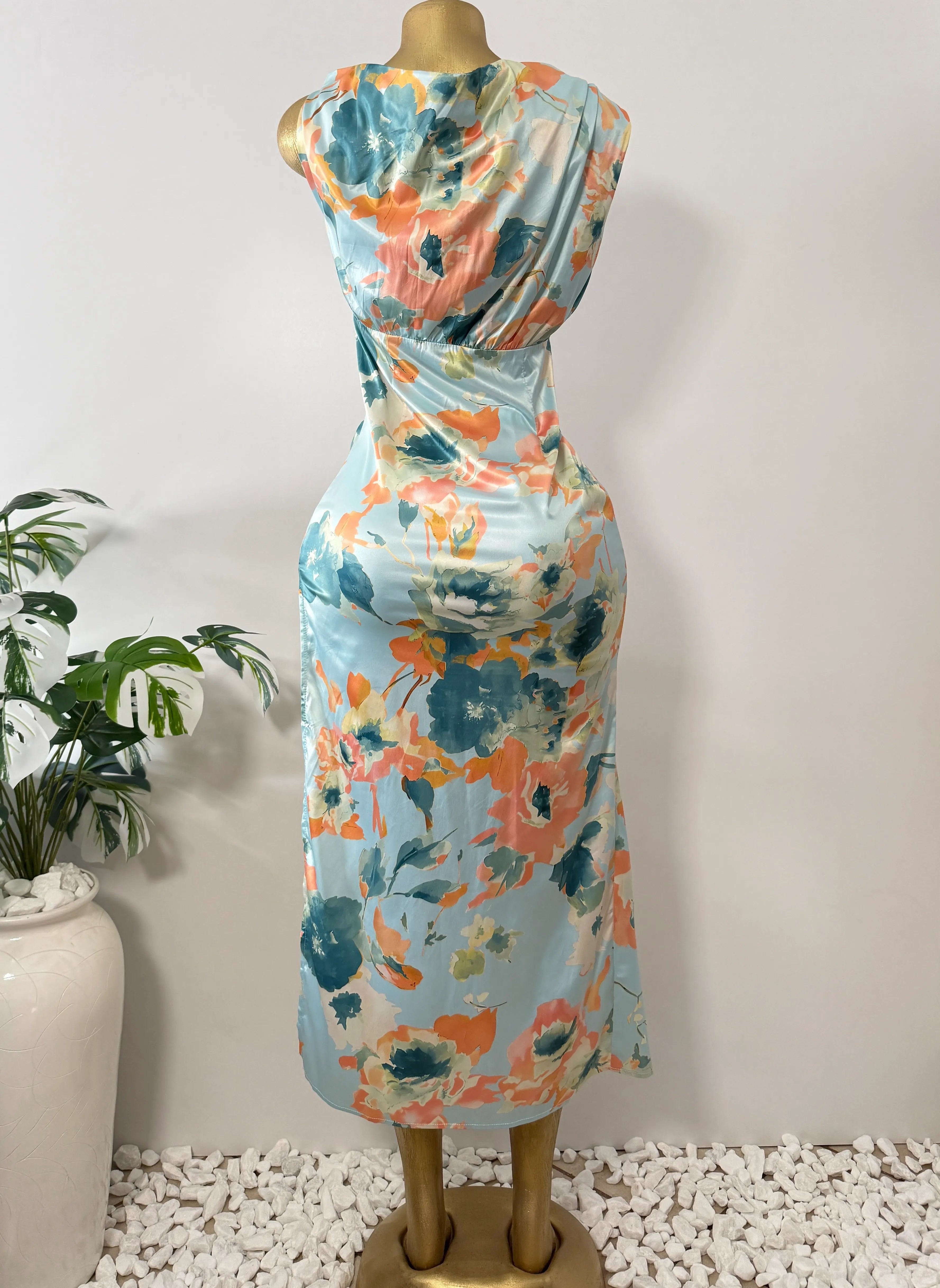 Hello Molly Floral Satin Ruched Slit Dress