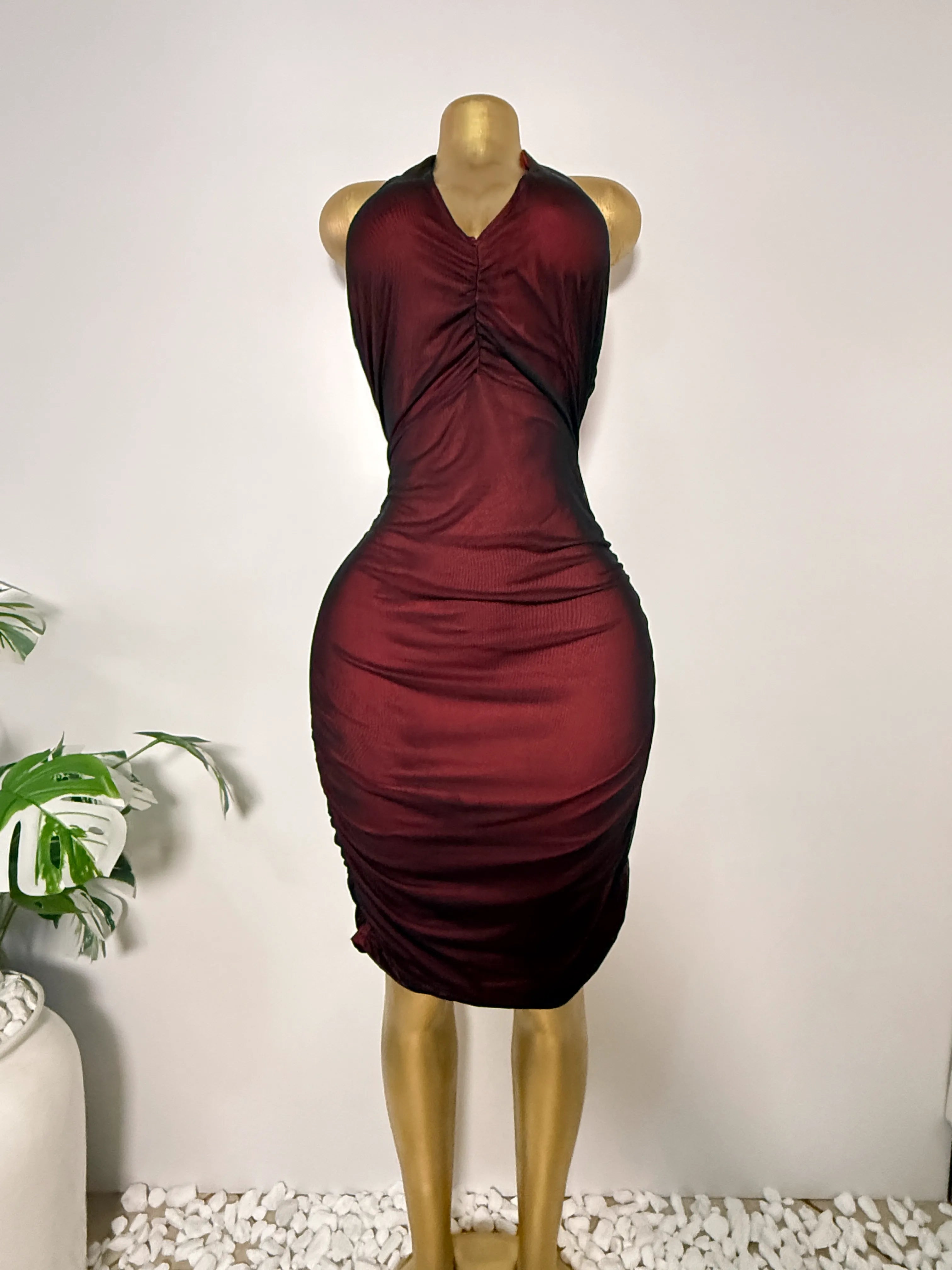 Red Ombré Mesh Ruched Halter Dress