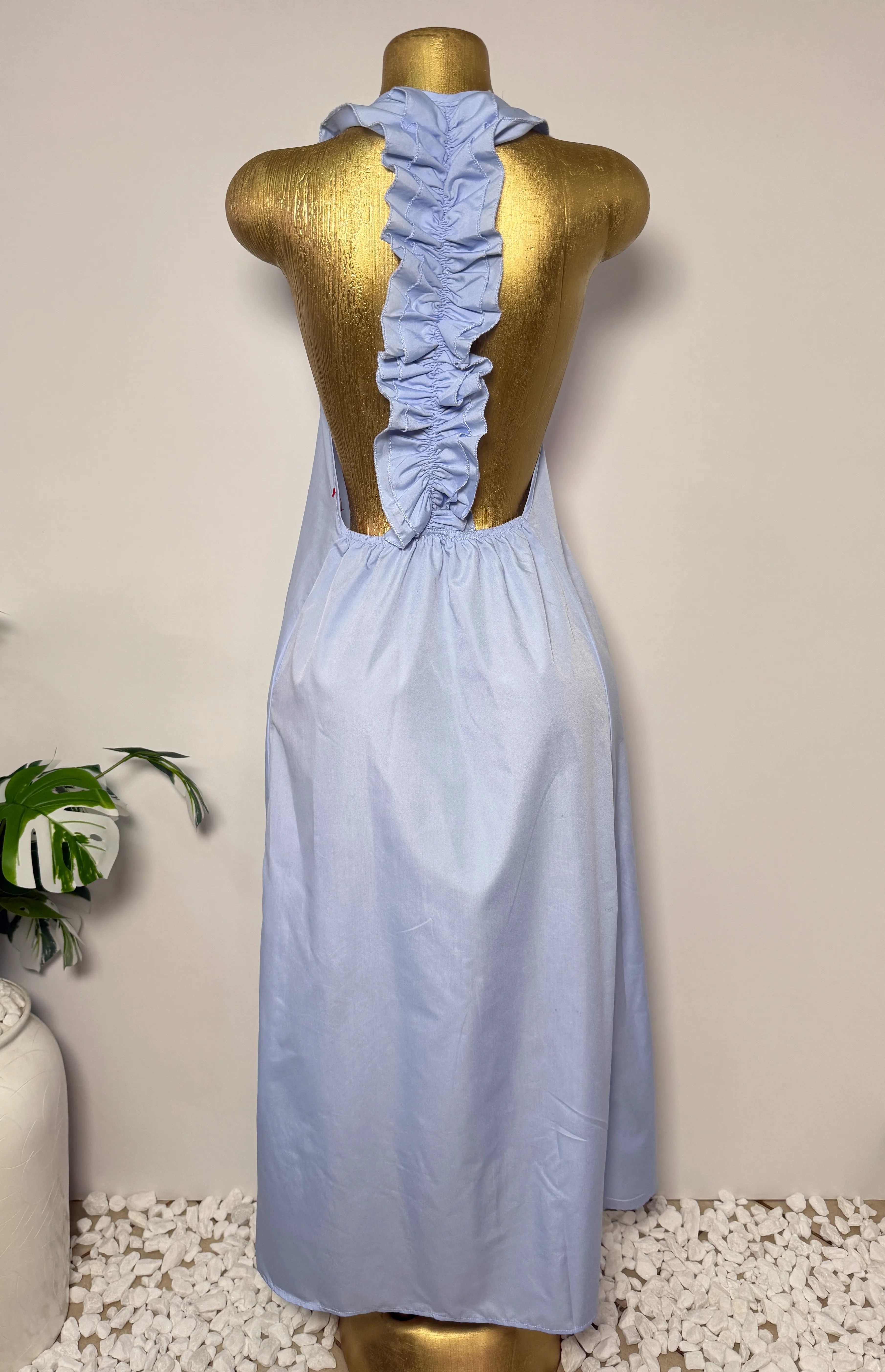 Light Blue Open Back Ruffle Halter Dress