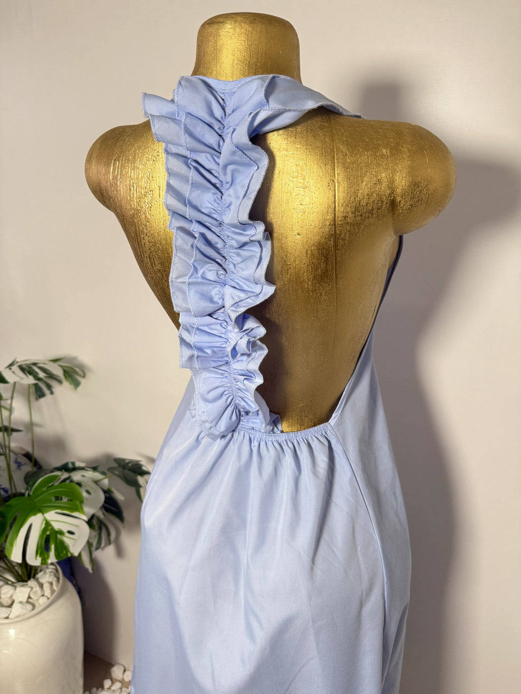 Light Blue Open Back Ruffle Halter Dress
