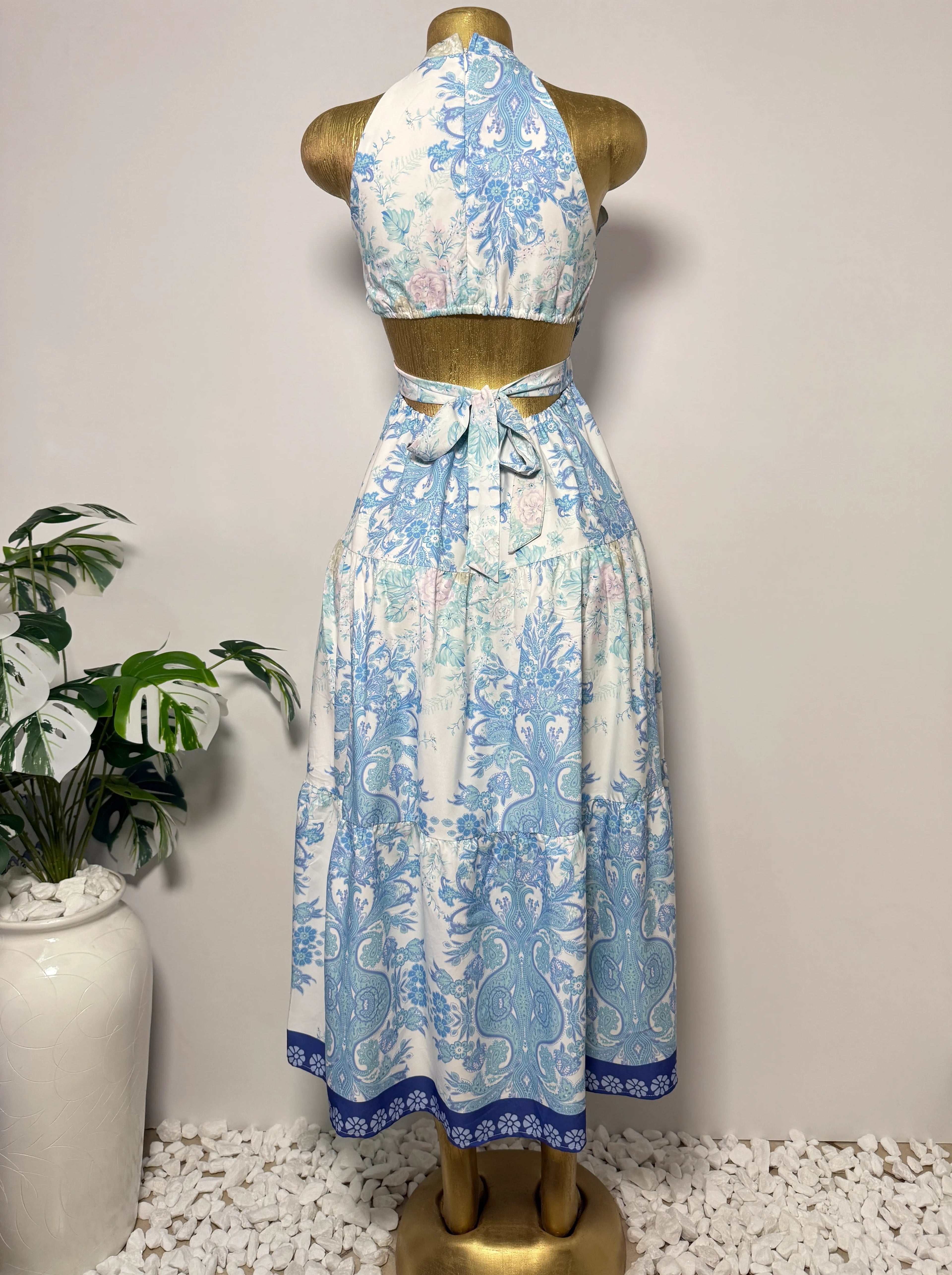 Blue Paisley Floral Halter Cutout Dress