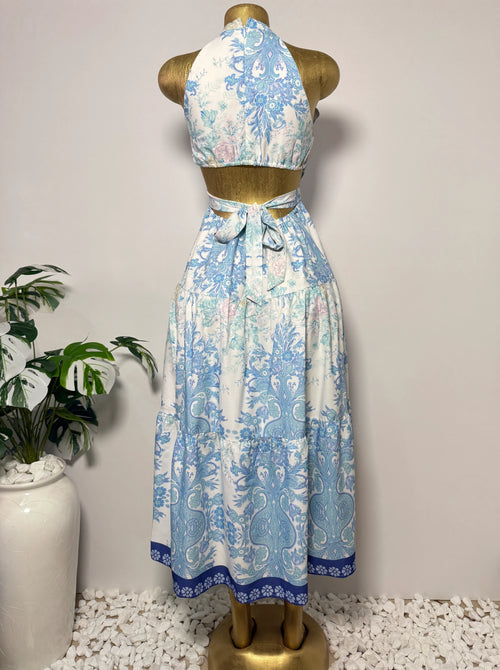 Blue Paisley Floral Halter Cutout Dress