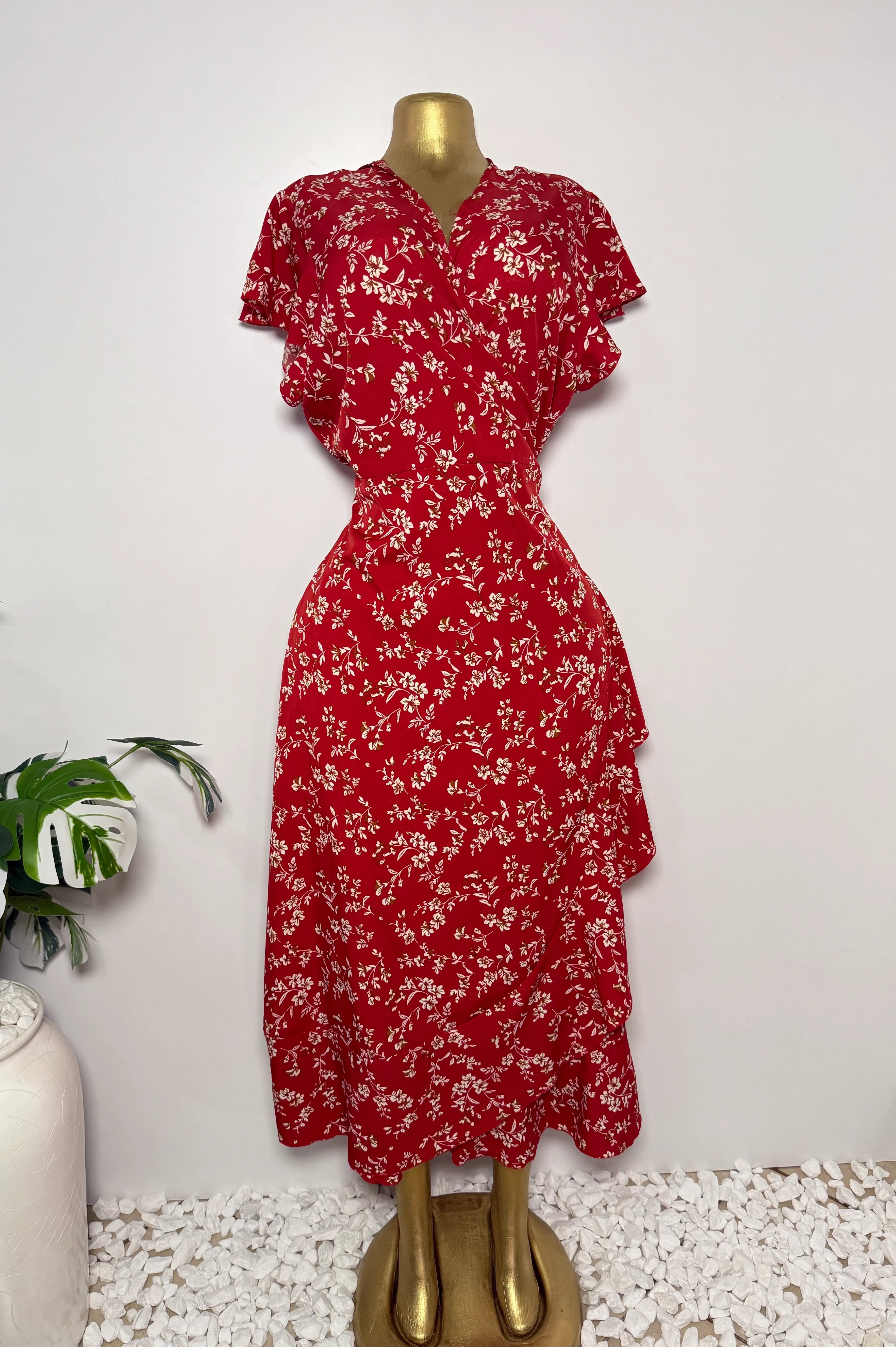 Red Floral Ruffle Wrap Midi Dress