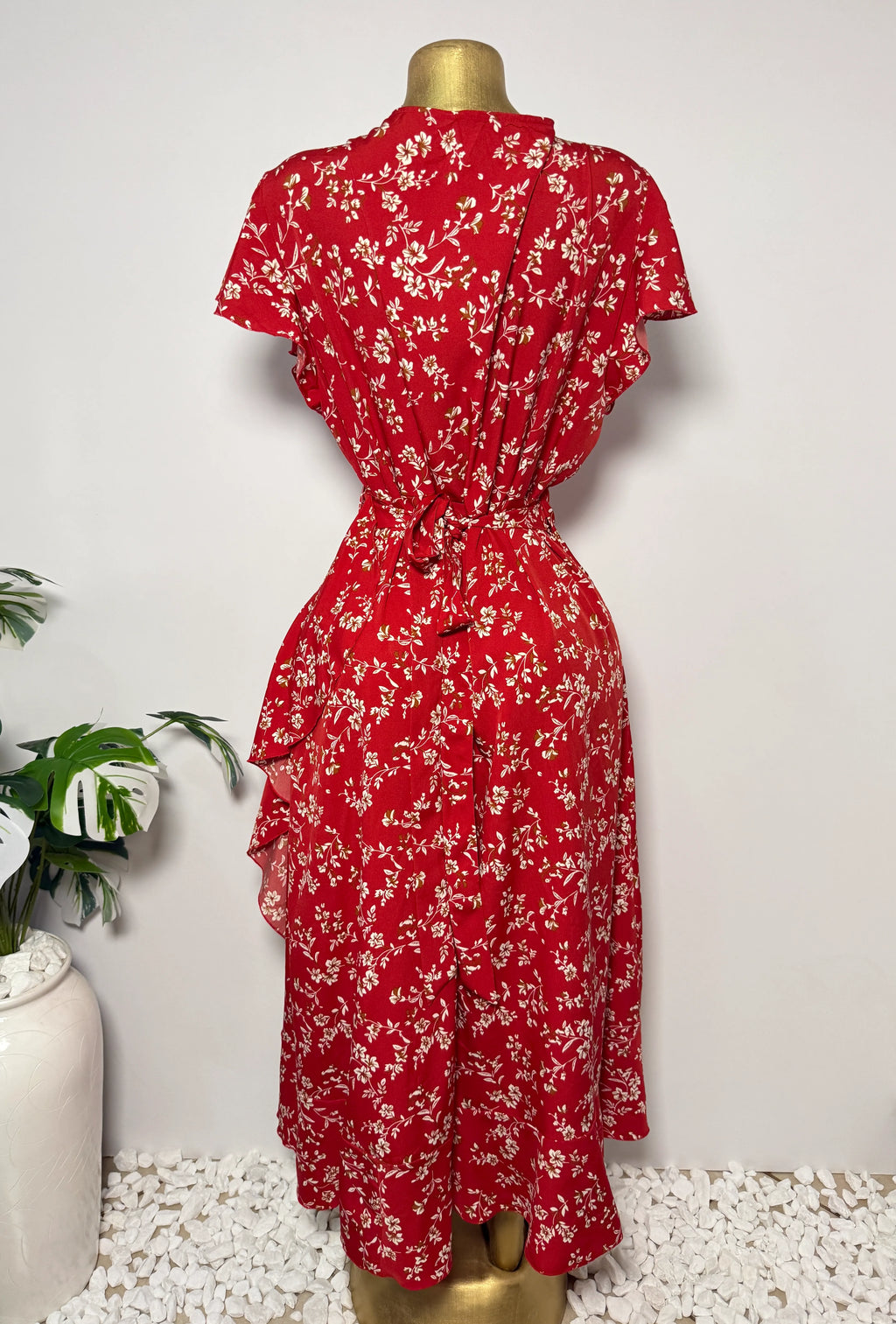 Red Floral Ruffle Wrap Midi Dress