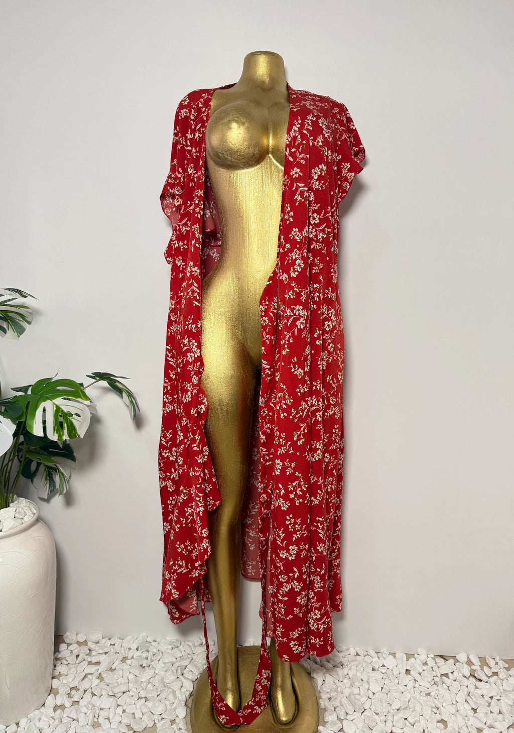 Red Floral Ruffle Wrap Midi Dress