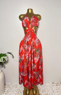Orange Tropical Print Cutout Halter Maxi Dress
