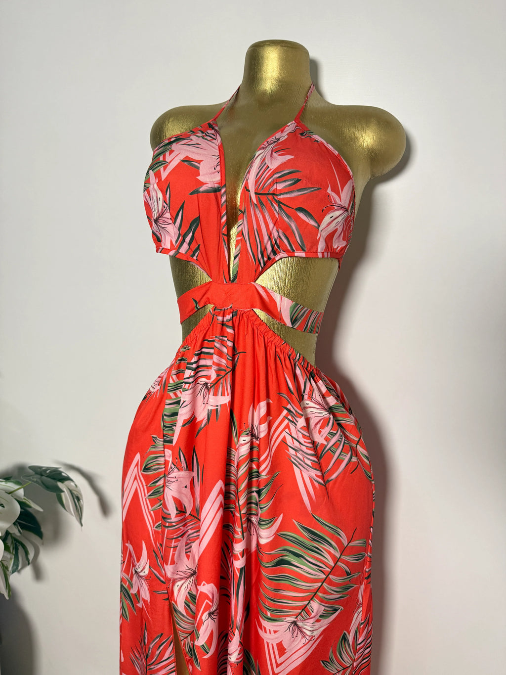 Orange Tropical Print Cutout Halter Maxi Dress