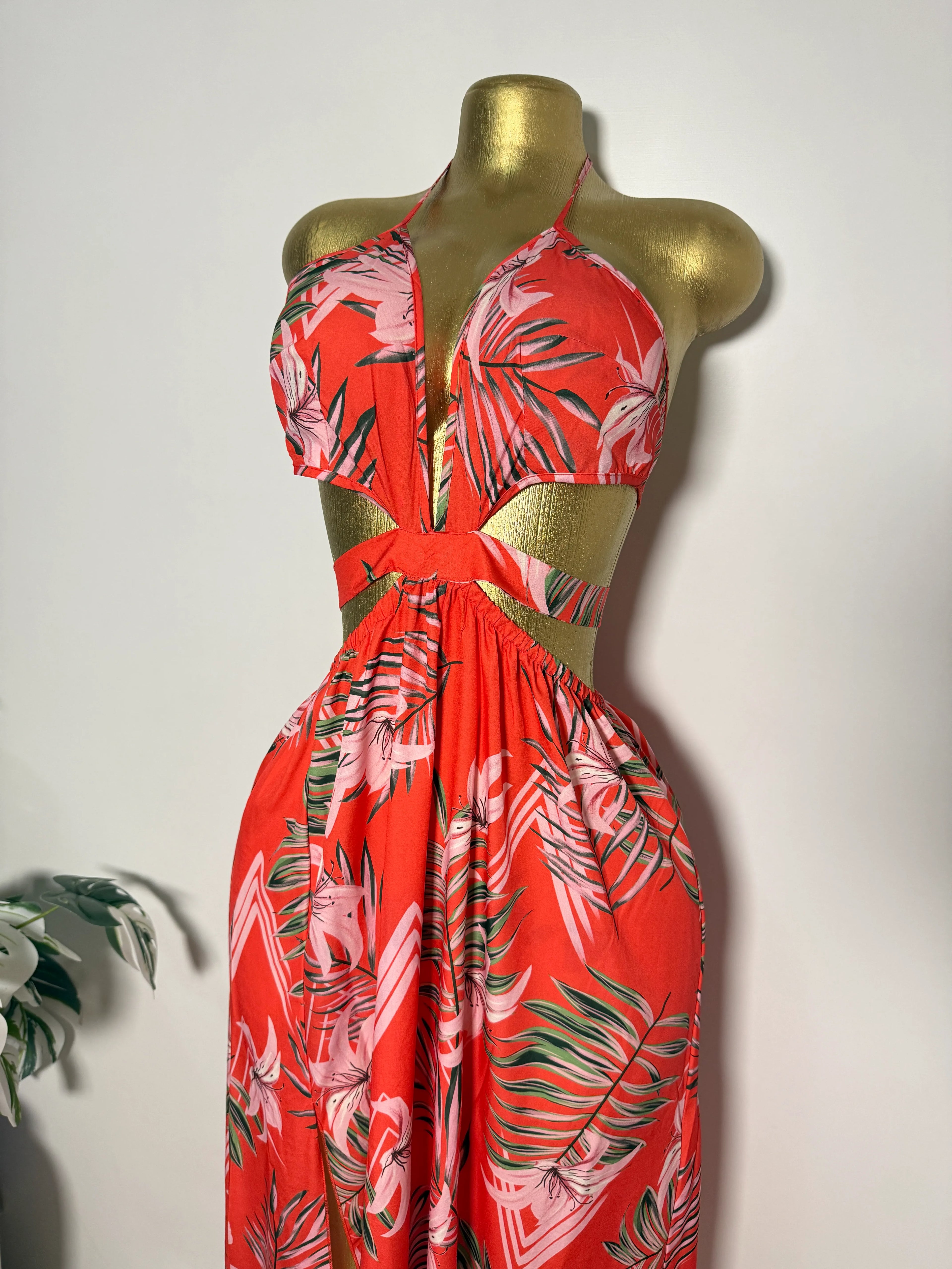 Orange Tropical Print Cutout Halter Maxi Dress