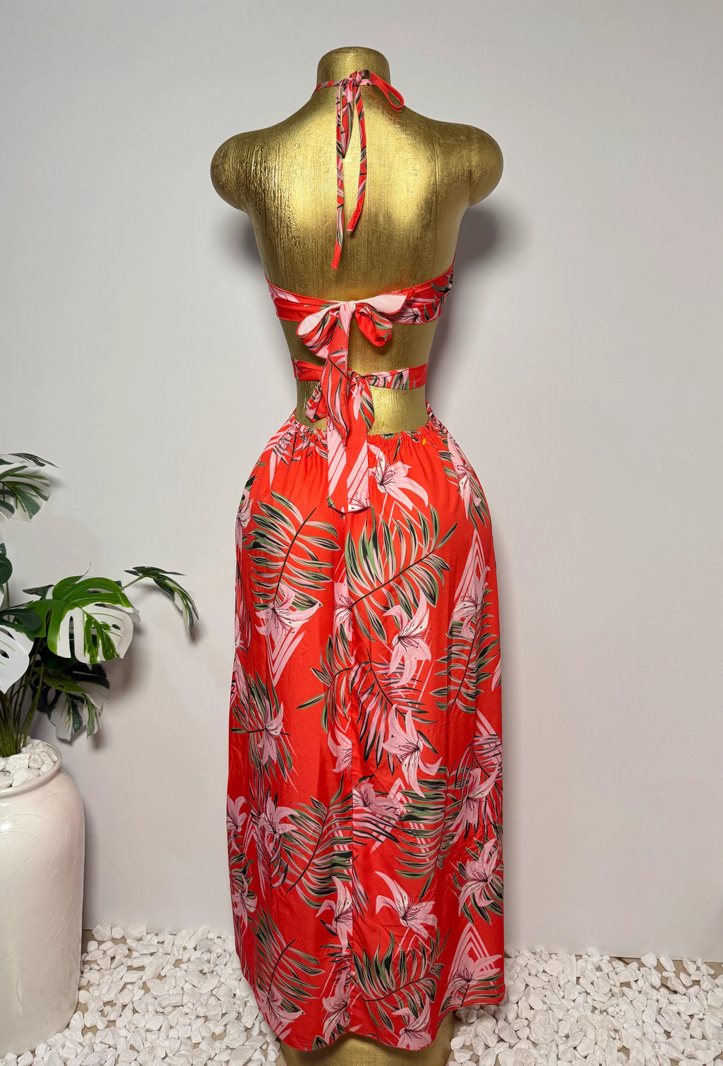 Orange Tropical Print Cutout Halter Maxi Dress