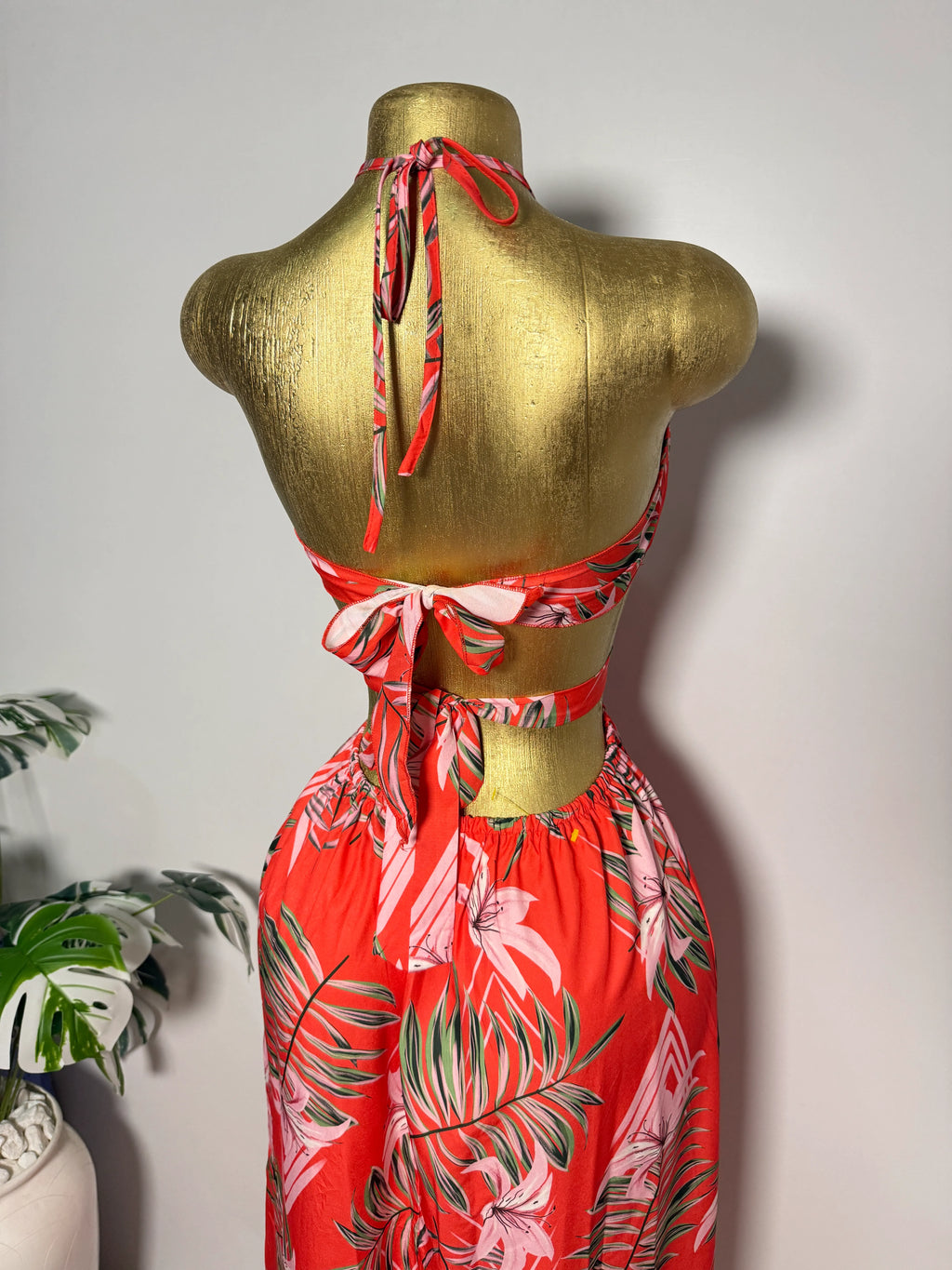 Orange Tropical Print Cutout Halter Maxi Dress