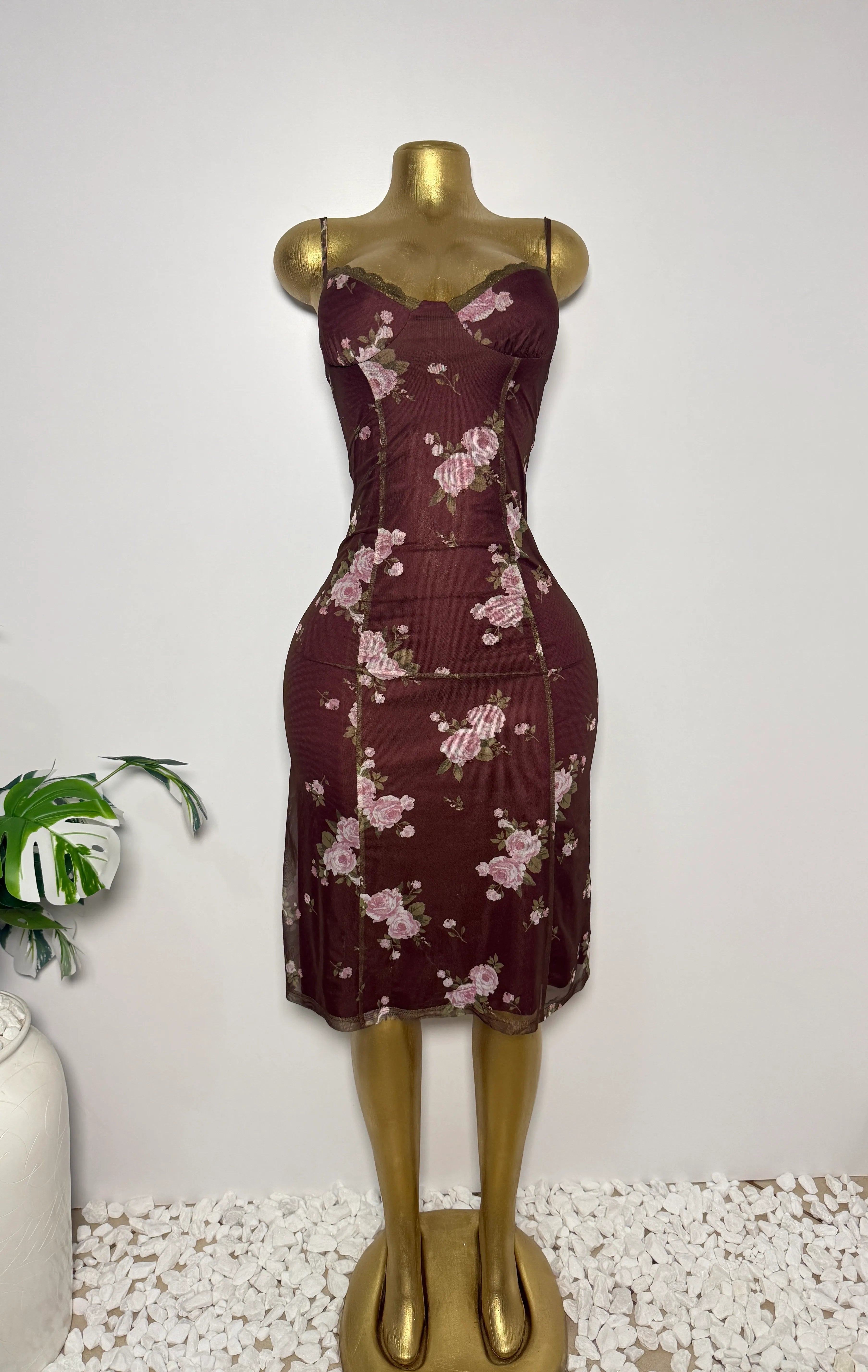 Cider's Brown Floral Mesh Overlay Slip Dress