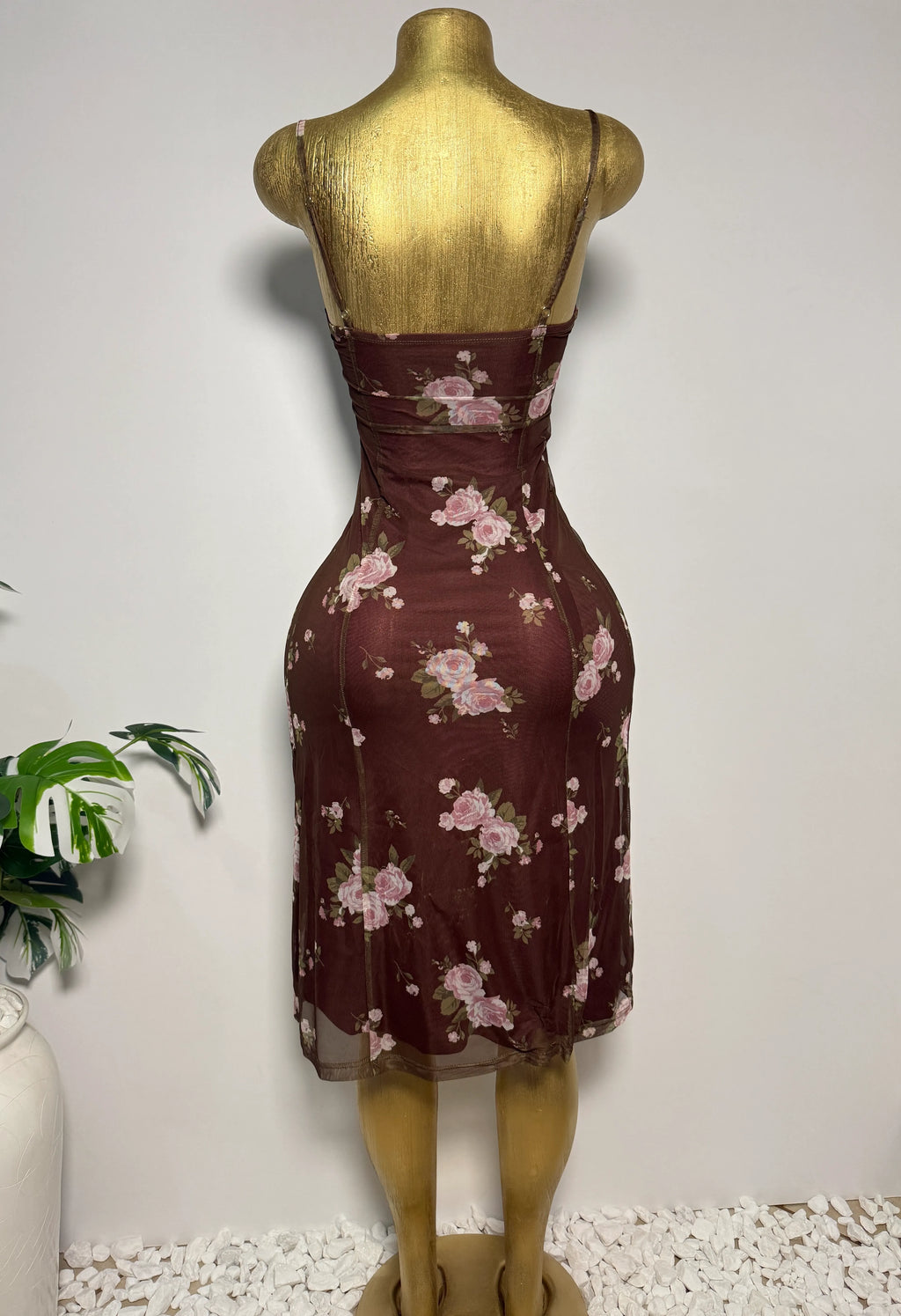 Cider's Brown Floral Mesh Overlay Slip Dress