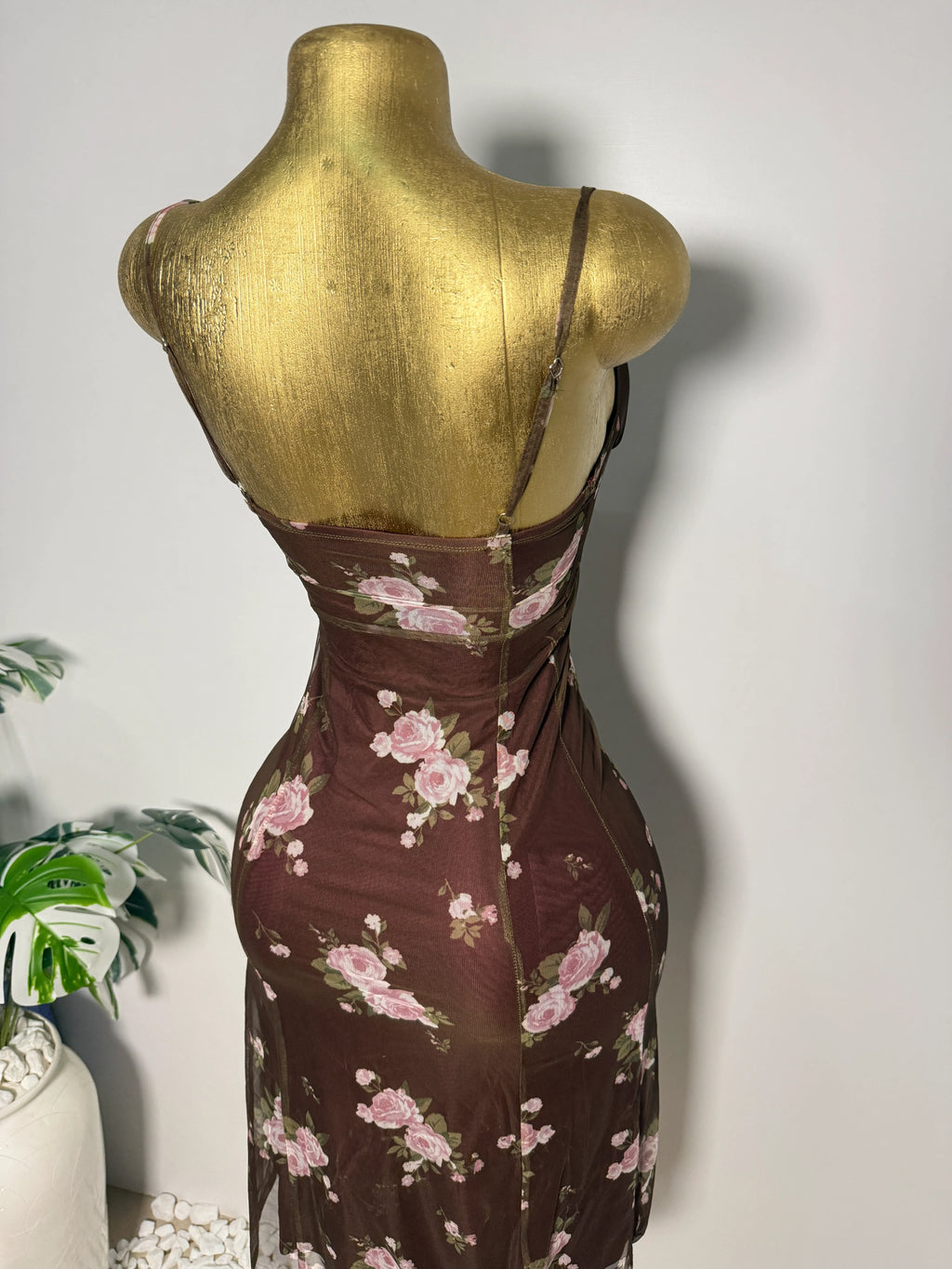 Cider's Brown Floral Mesh Overlay Slip Dress