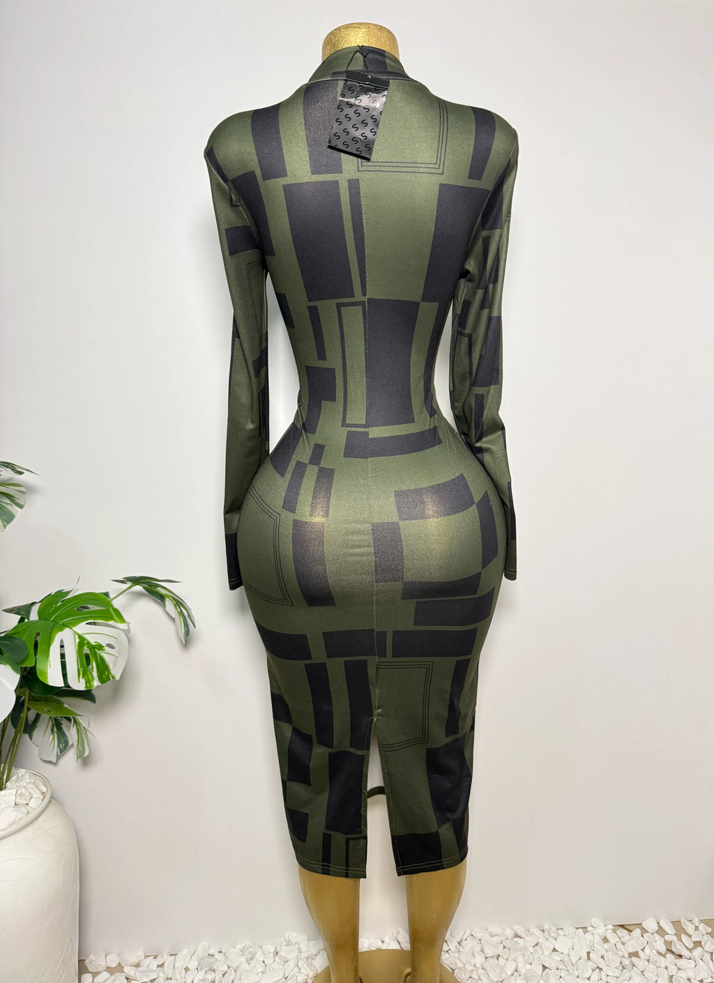 Geometric Print Long Sleeve Bodycon Dress