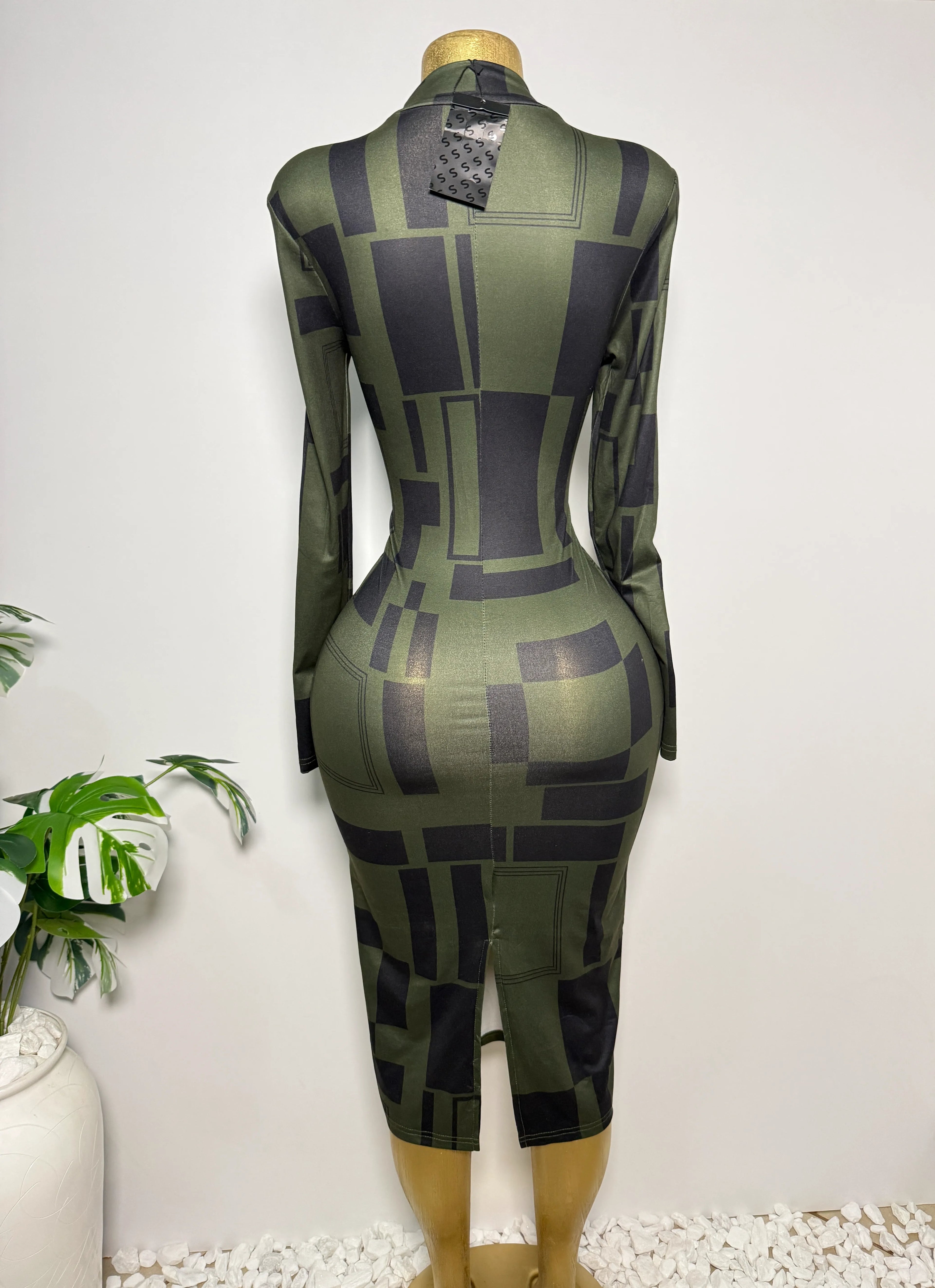 Geometric Print Long Sleeve Bodycon Dress
