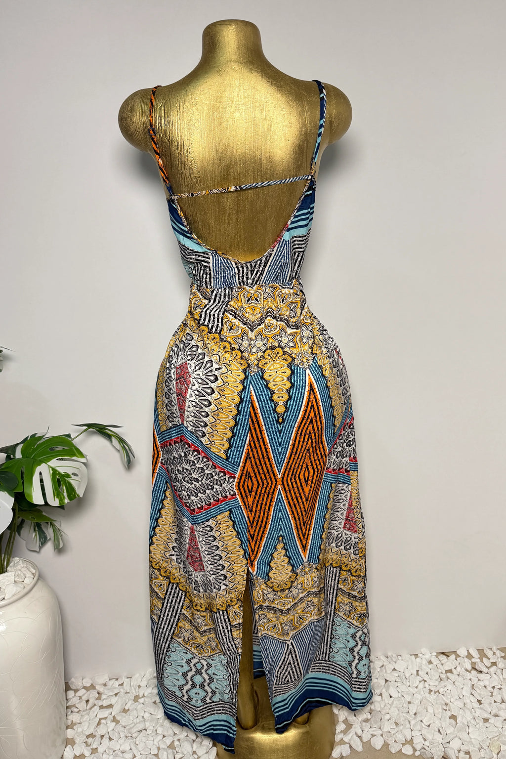 Poetry Mosaic Print Open-Back Maxi Dress