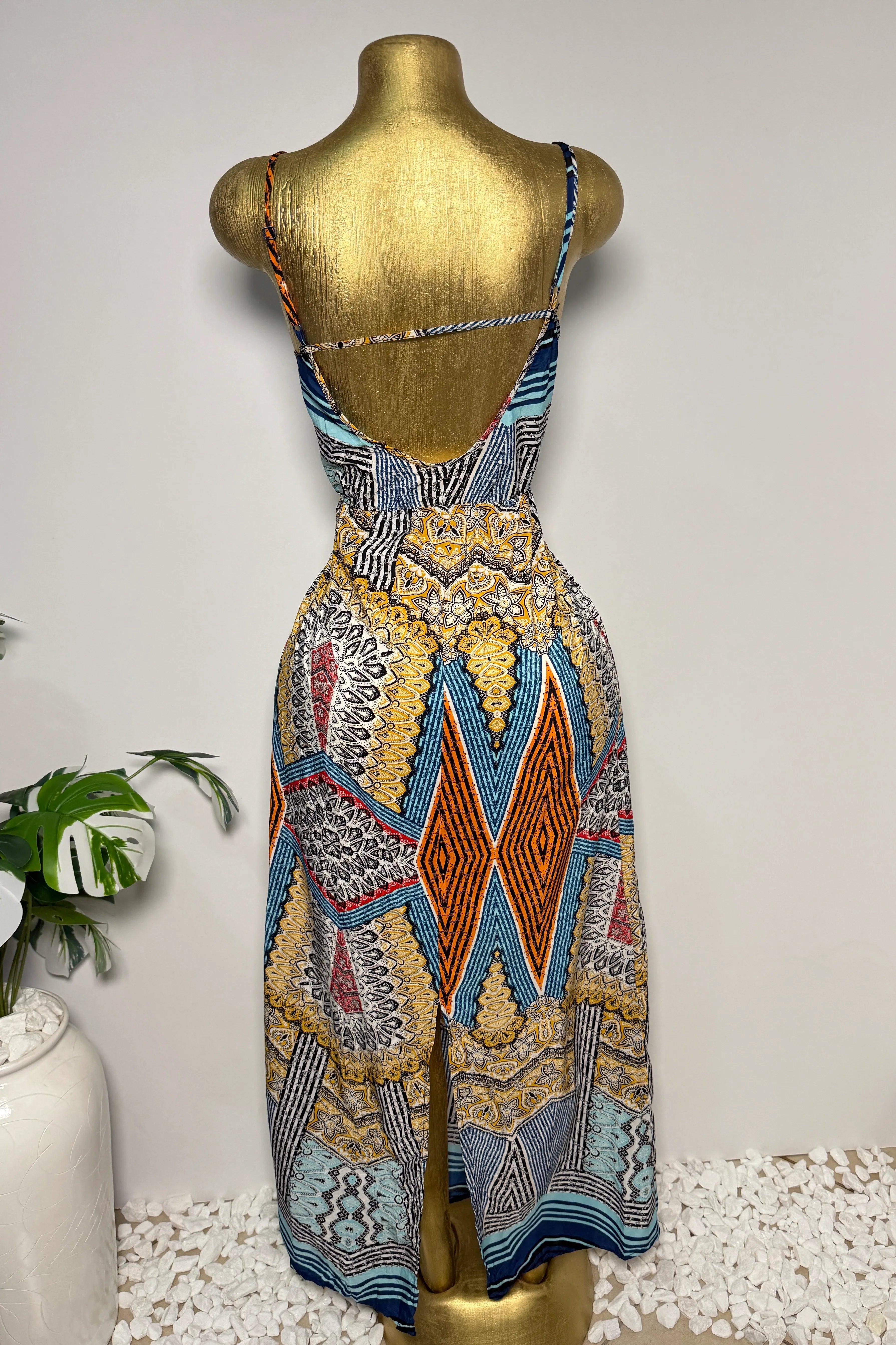 Poetry Mosaic Print Open-Back Maxi Dress