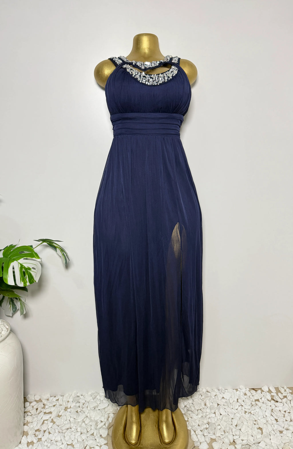 Navy Rhinestone Collar Evening Gown