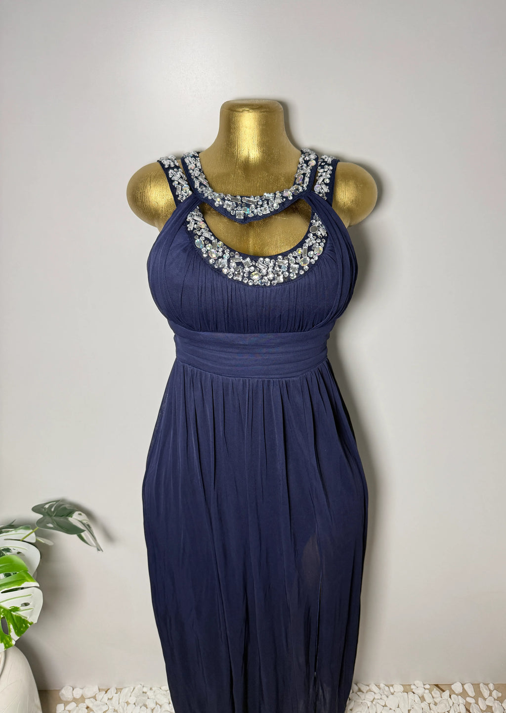 Navy Rhinestone Collar Evening Gown