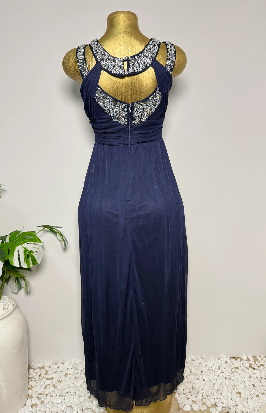 Navy Rhinestone Collar Evening Gown