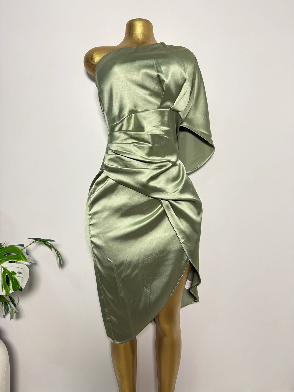 Sage Green Satin One-Shoulder Draped Dress