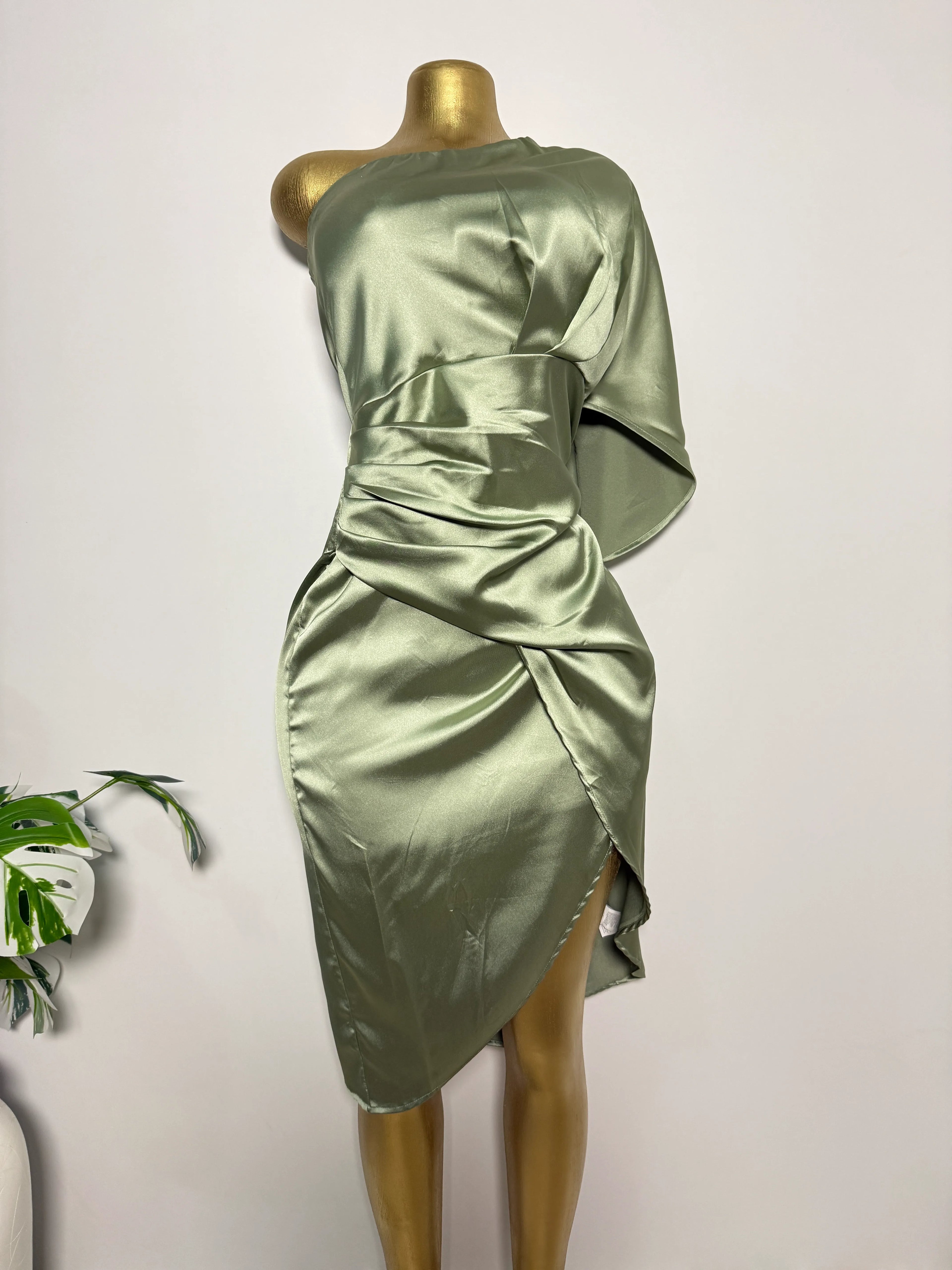 Sage Green Satin One-Shoulder Draped Dress