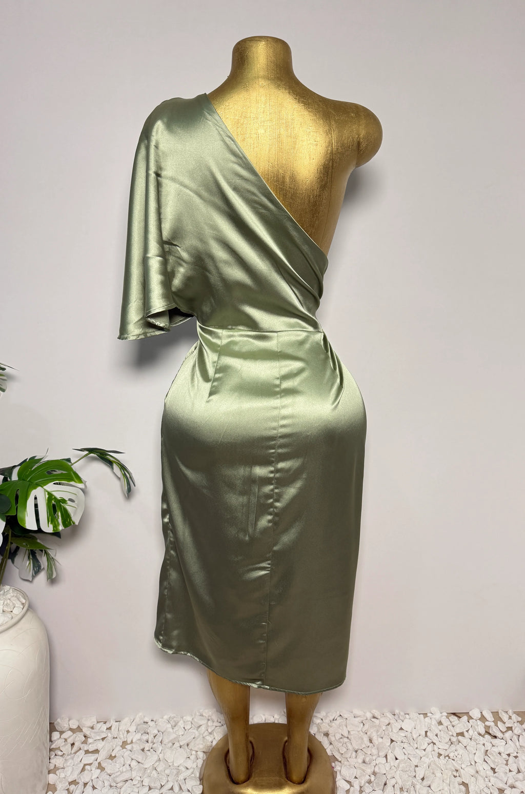 Sage Green Satin One-Shoulder Draped Dress