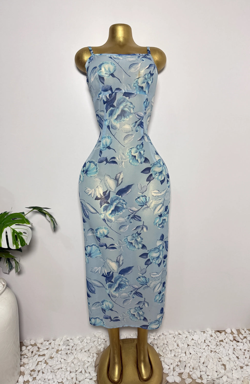 Powder Blue Floral Square-Neck Midi Dress