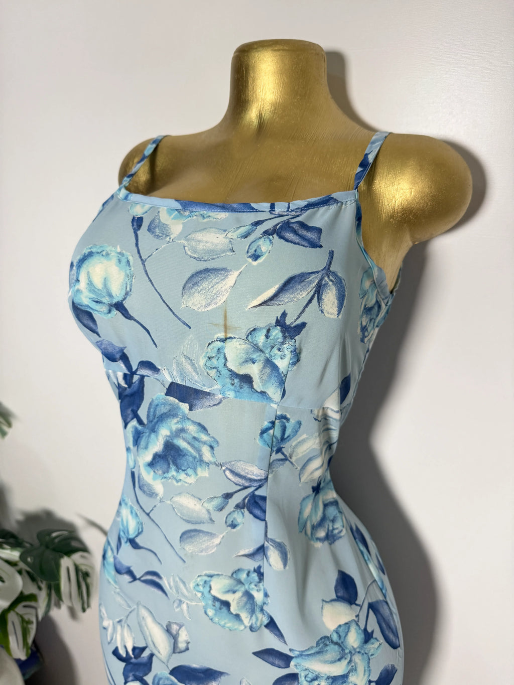 Powder Blue Floral Square-Neck Midi Dress