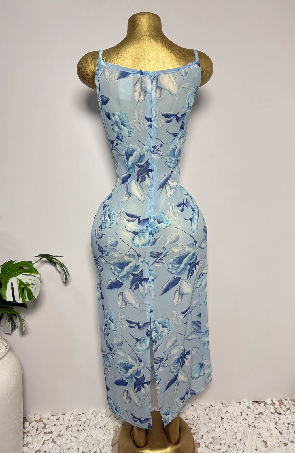 Powder Blue Floral Square-Neck Midi Dress