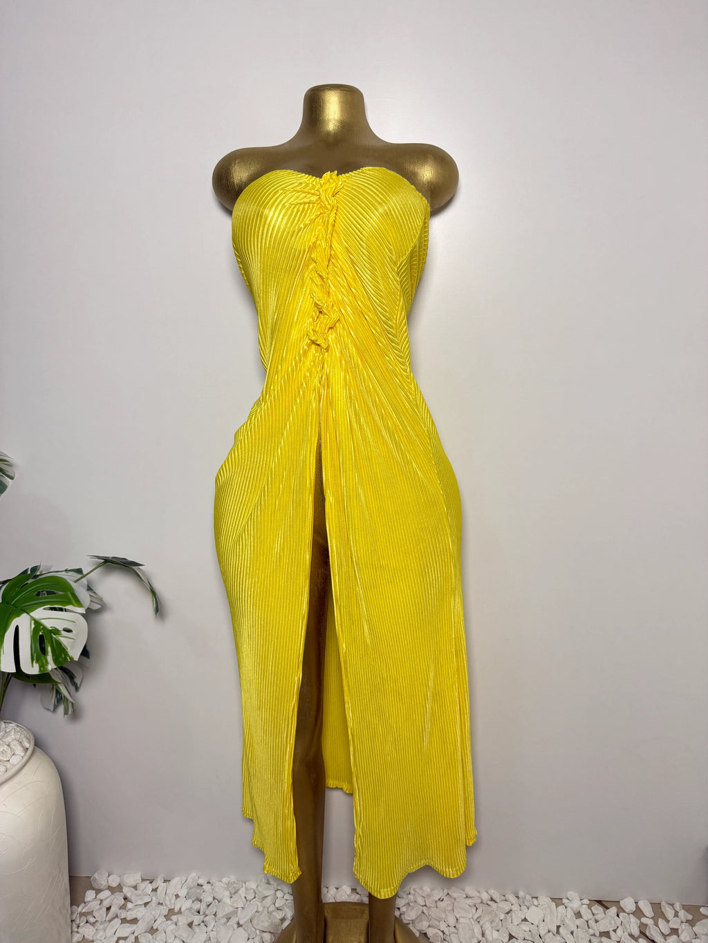 Yellow Pleated Bandeau Dress with Front Slit