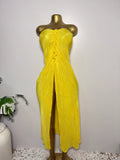 Yellow Pleated Bandeau Dress with Front Slit