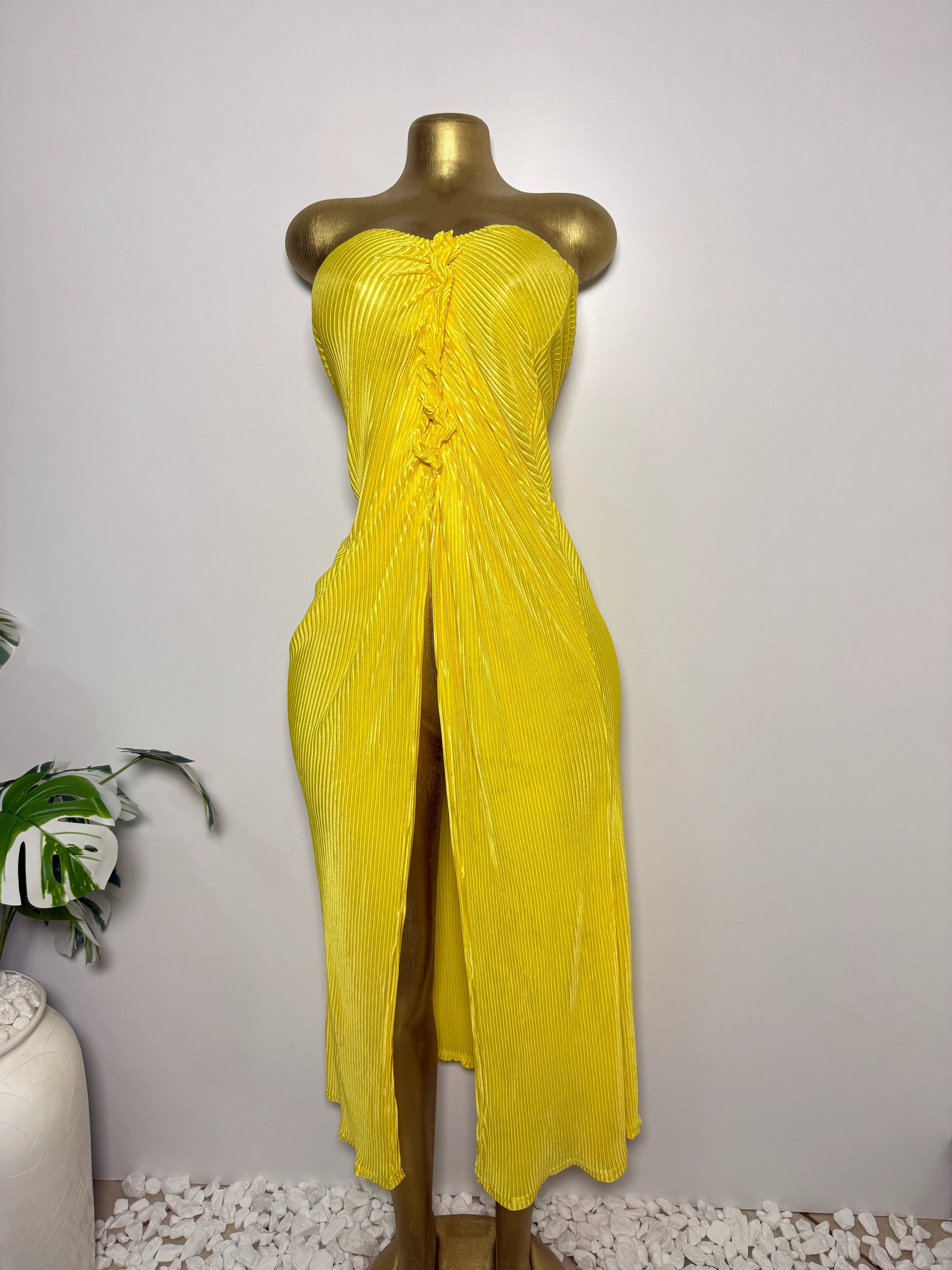Yellow Pleated Bandeau Dress with Front Slit