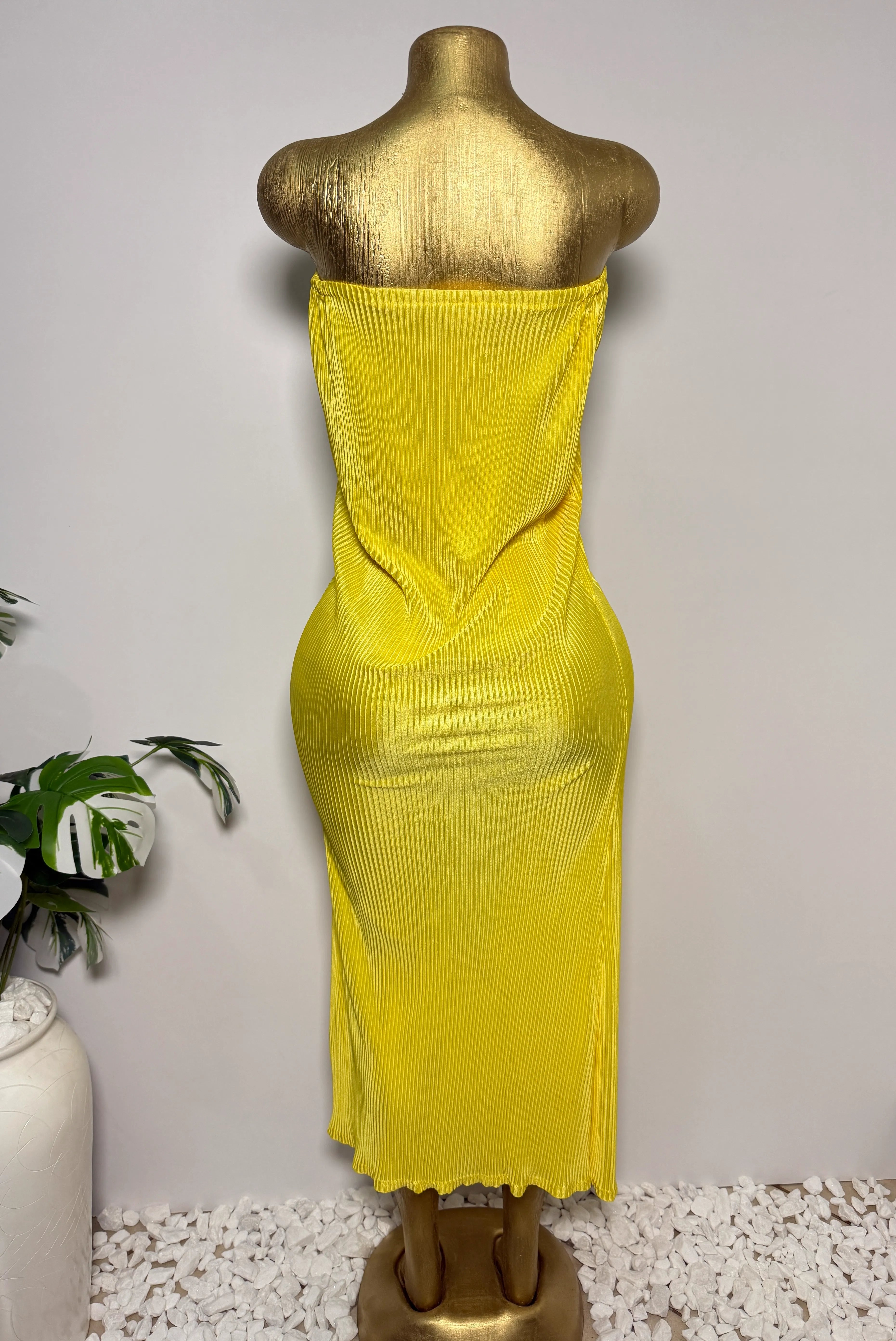 Yellow Pleated Bandeau Dress with Front Slit