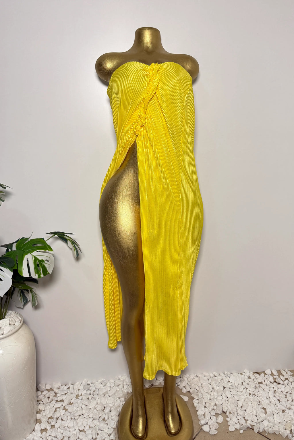 Yellow Pleated Bandeau Dress with Front Slit