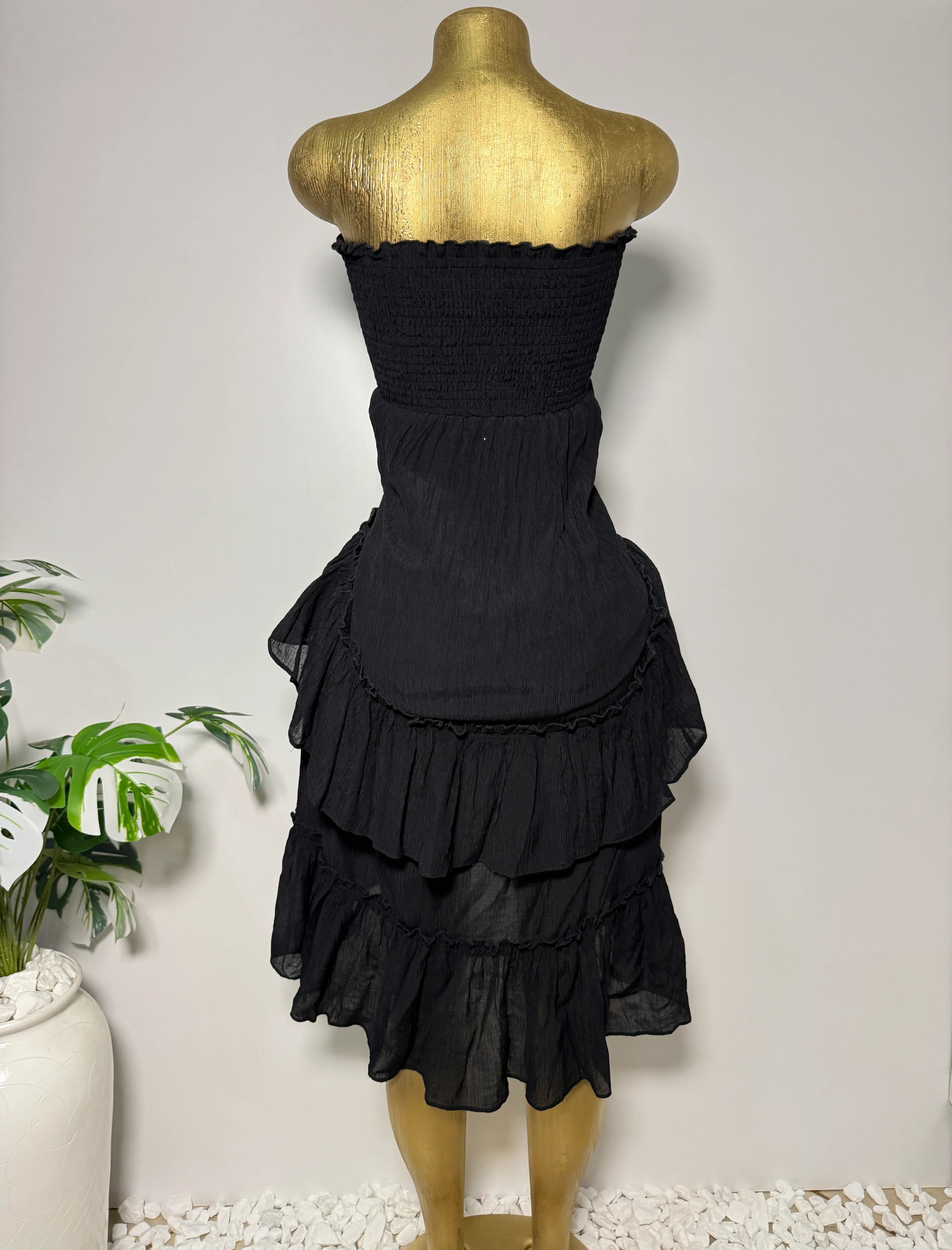 Strapless Crinkle Cotton Ruffle Mini Dress