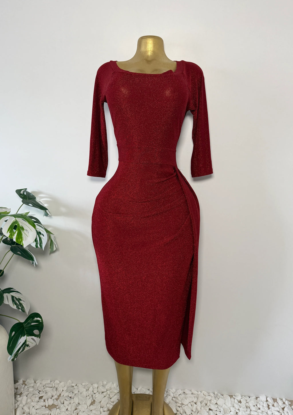 Red Glitter Ruched Bodycon Midi Dress