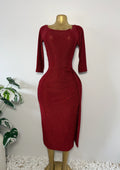 Red Glitter Ruched Bodycon Midi Dress