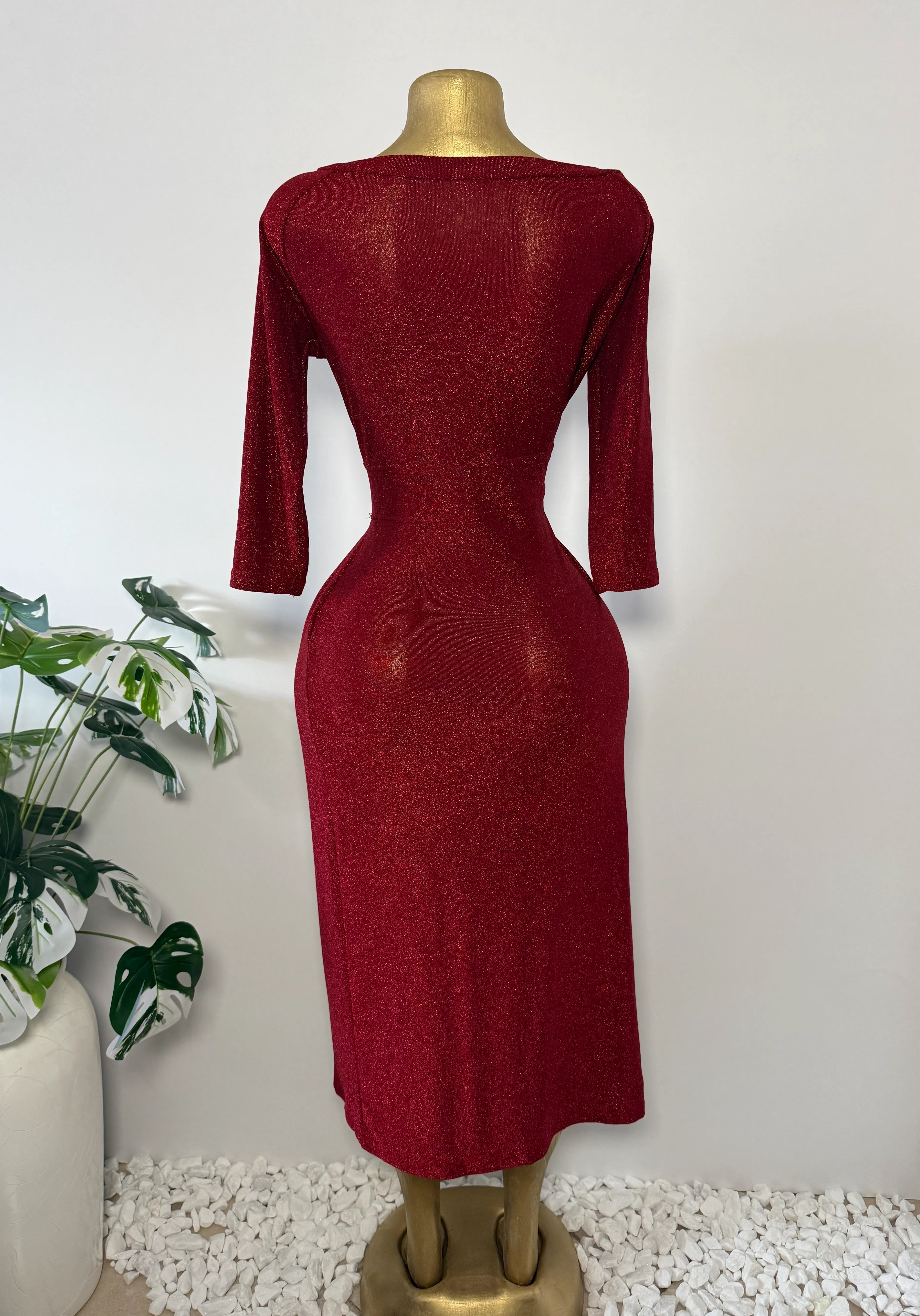Red Glitter Ruched Bodycon Midi Dress