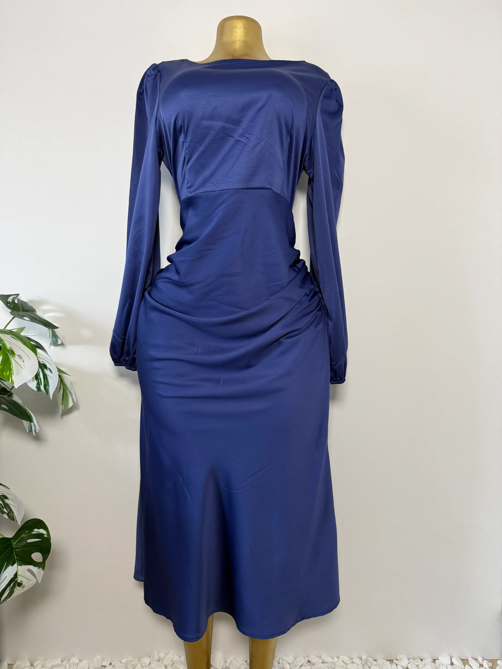Navy Satin Ruched Midi Dress