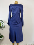 Navy Satin Ruched Midi Dress