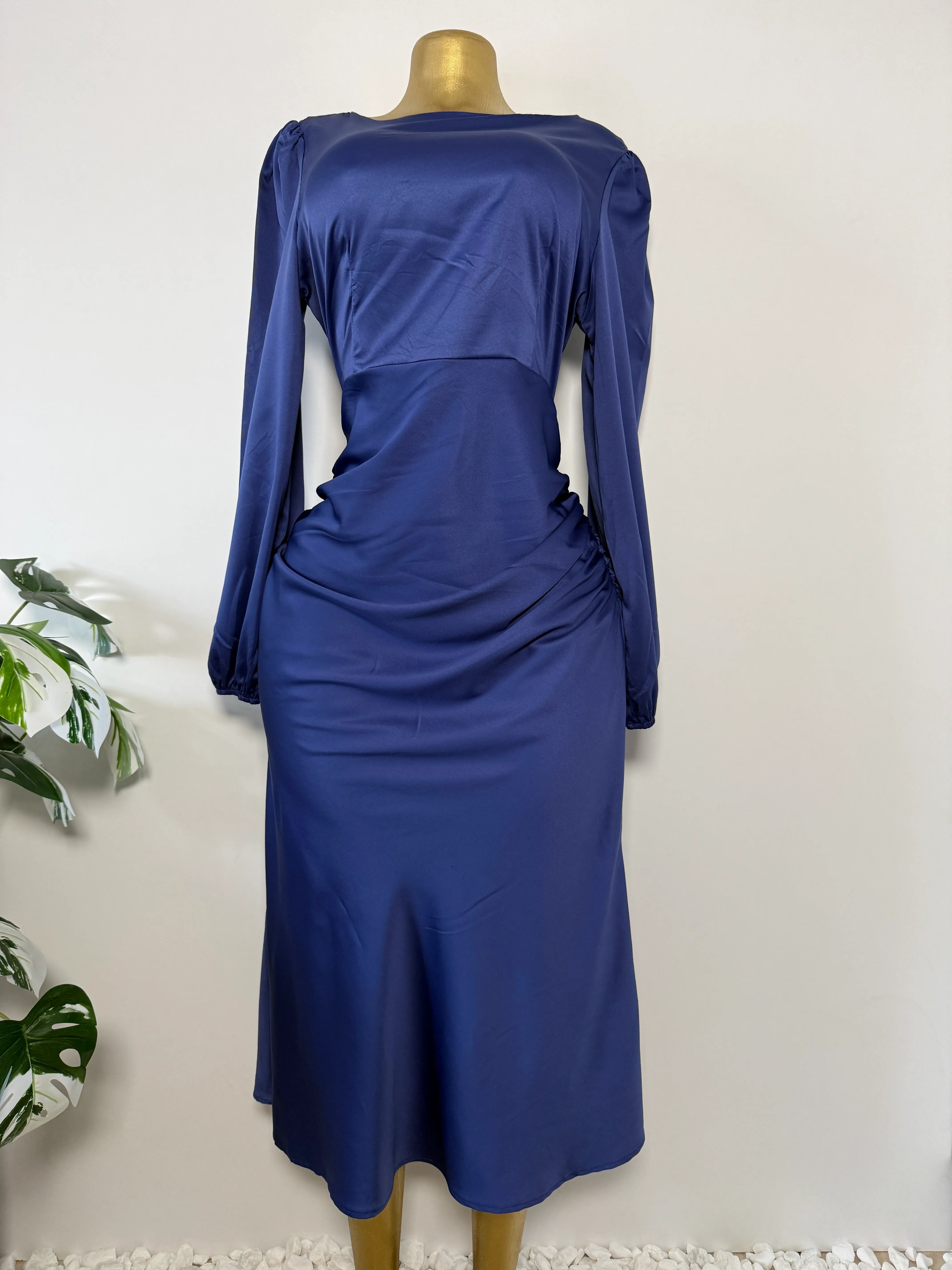 Navy Satin Ruched Midi Dress