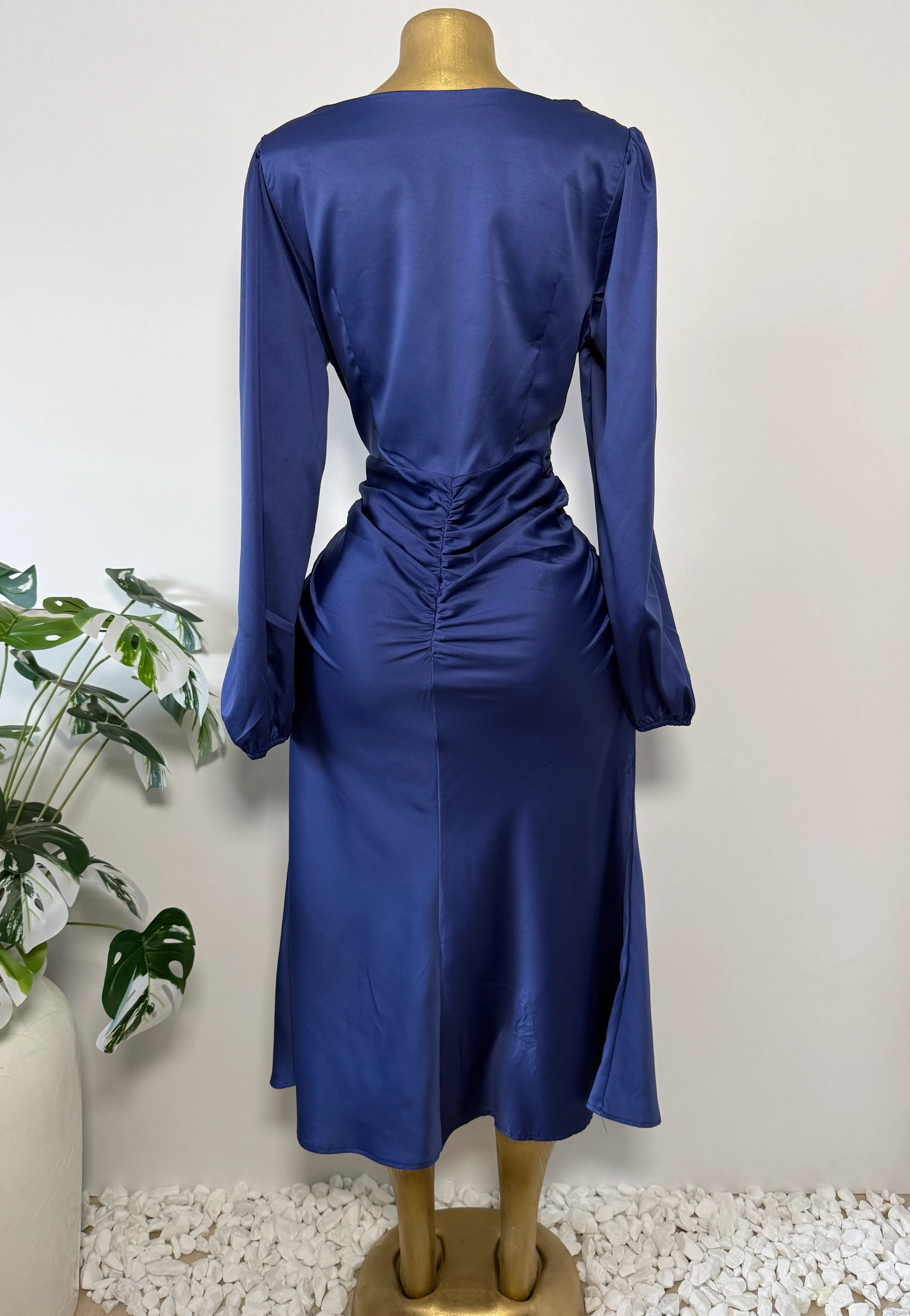 Navy Satin Ruched Midi Dress